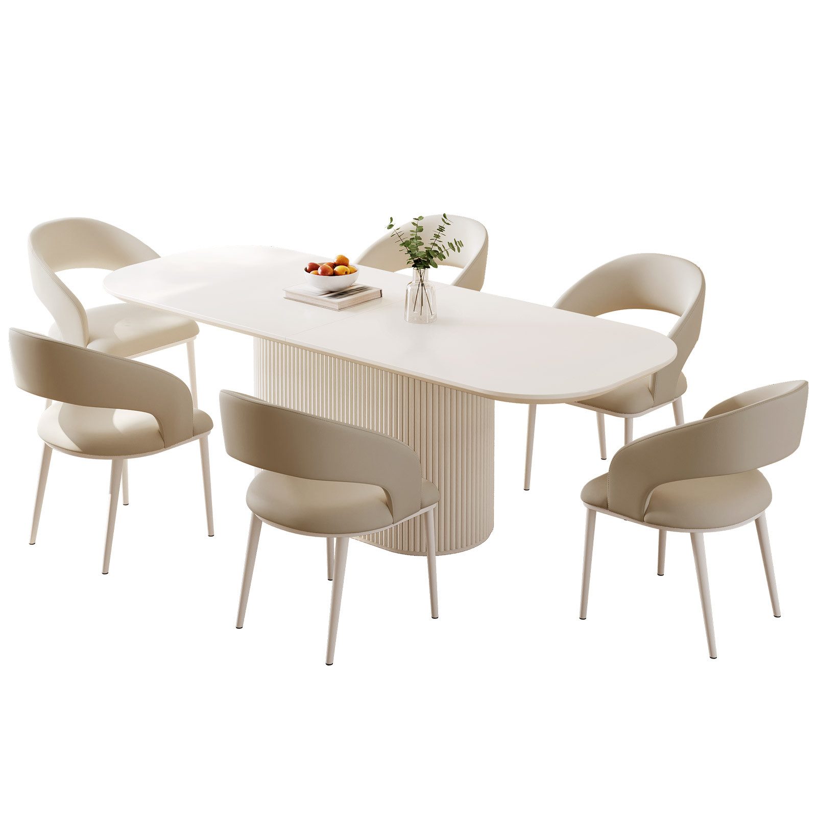 Guyii Essgruppe Esszimmermöbel, cremeweißer ovaler Esstisch mit PU-Esszimmerstühlen, (7-tlg), mit 6 Stühlen, 220 x 85 cm Tisch