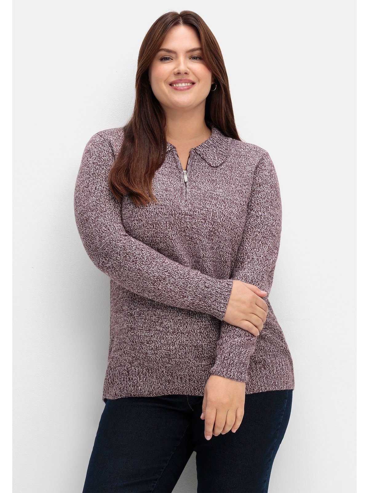 in Optik melierter Größen mit Sheego bordeaux Strickpullover Polokragen, meliert Große