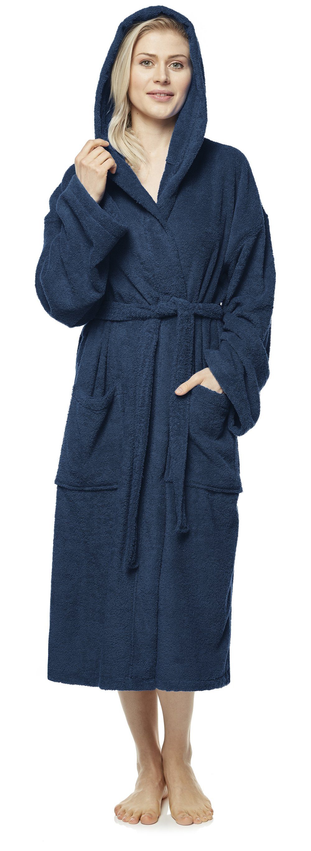 Arus Damenbademantel Astra, 100% Baumwolle, mit Kapuze, wadenlang oder extra lang, 100% Baumwolle Marine