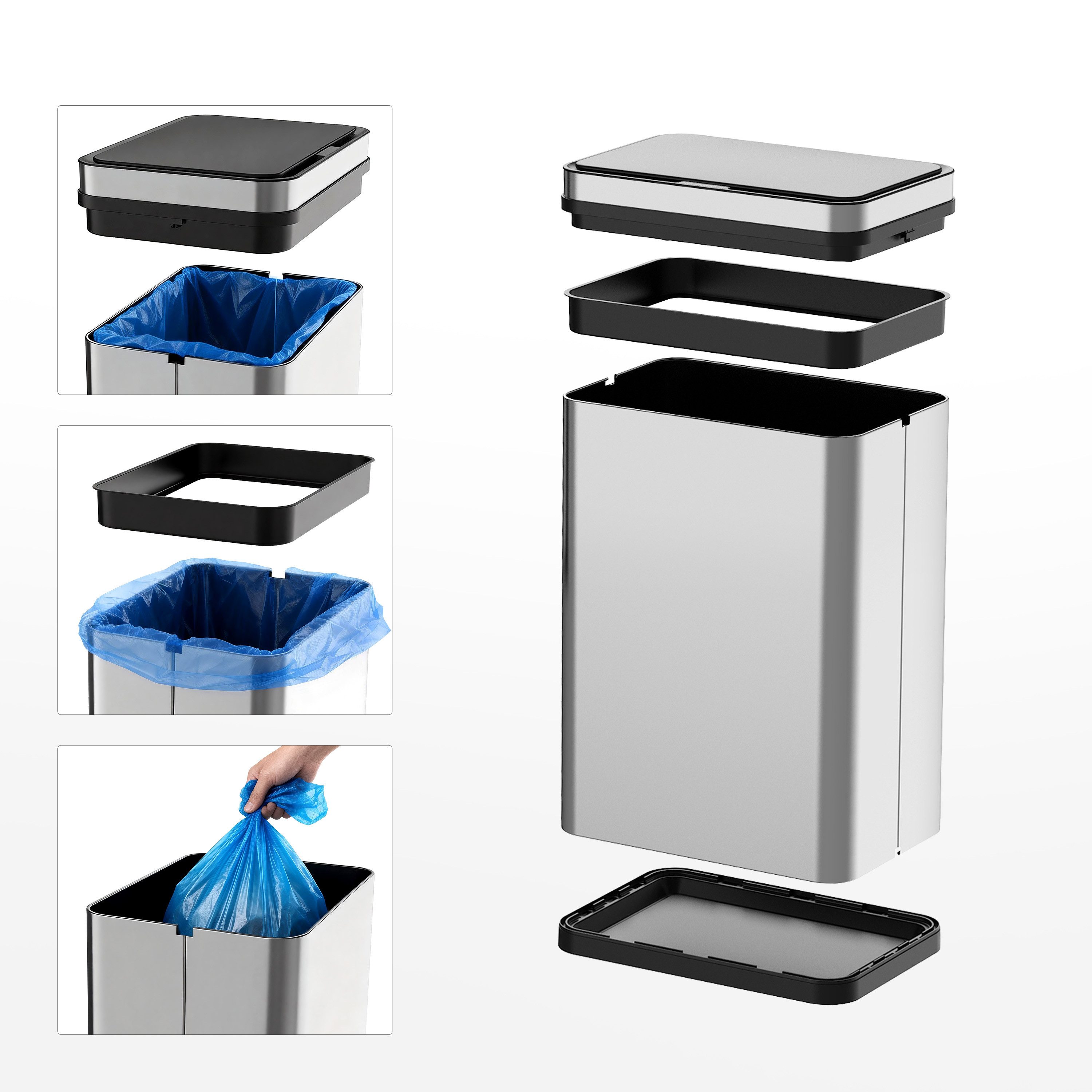 Ribelli Mülleimer Edelstahl Mülleimer Abfalleimer mit Sensor, 30L Mülltrennsystem Silber