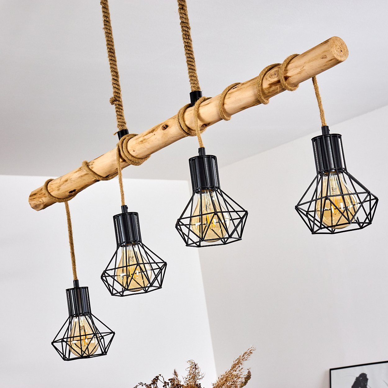 hofstein Pendelleuchte »Pomari« Hängelampe aus Metall/Holz/Kordel in Schwarz/Natur, ohne Leuchtmittel, 4xE27, mit Holzbalken im Retro/Vintage-Design, Höhe max.  – Bild 4 von 5