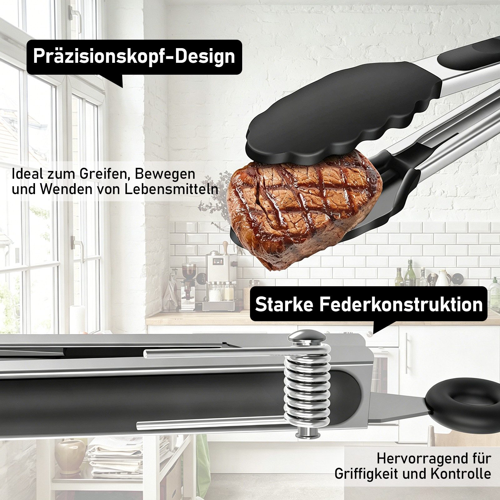 HUGERSTONE Servierzange Grillzange Edelstahl, Küchenzange mit Silikonlaffen und Aufhängeöse, 3er Set Kochpinzette Länge: 21.4/26.2/34.5cm, Hitzebeständig bis 230°C