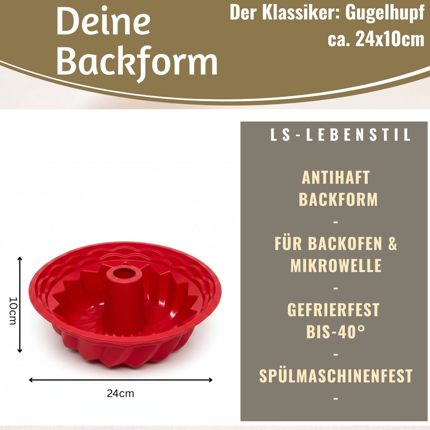 LS-LebenStil Gugelhupfform Silikon Gugelhupf Backform 24cm Rund Napfkuchenform Kuchenform, (Premium Silikon, Bundform Form für Napfkuchen Gugelhupf 1-tlg), Kuchenform für Marmor- & Rührkuchen Silikonformen Antihaft Eigenschaft