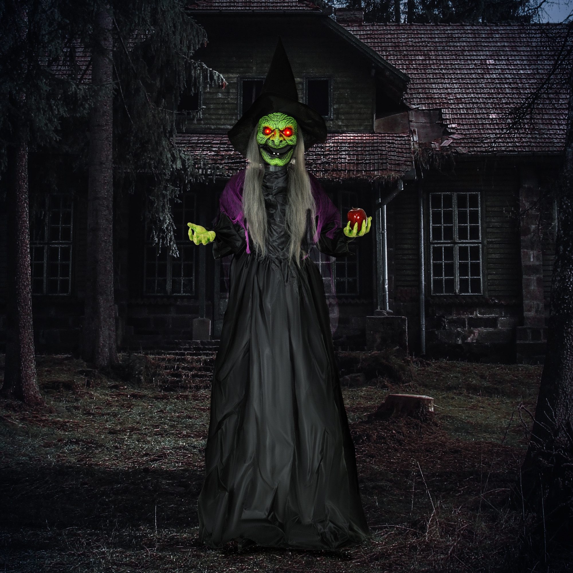 HOMCOM Dekofigur Halloween Hexe mit Leuchtenden Augen gruseligem Sound Deko (Halloween-Hexe mit Giftapfel, 1 St., Halloween Dekoration), in Lebensgröße für Party