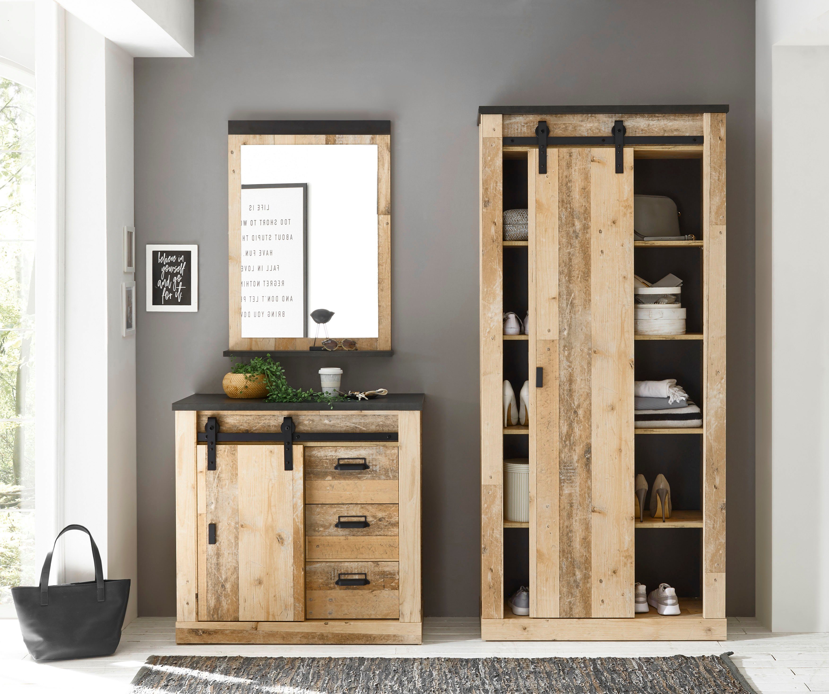 Home affaire Garderoben-Set SHERWOOD, (3-St), mit Scheunentorbeschlag, Apothekergriffe aus Metall