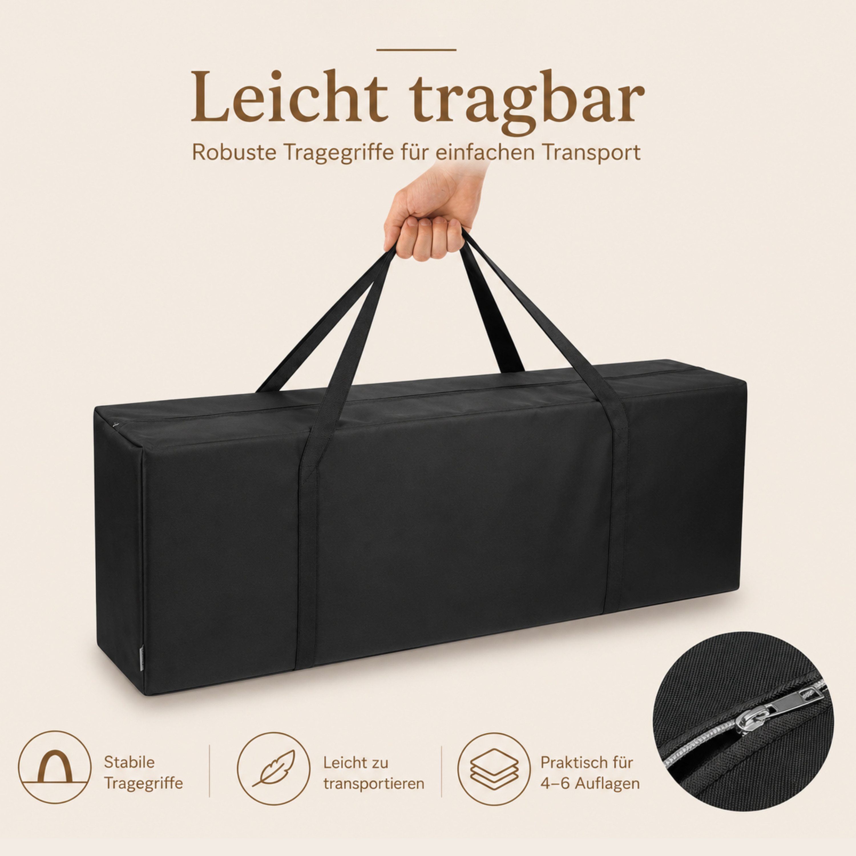 Herlag Gartenmöbel-Schutzhülle Polstertasche für Gartenauflagen (4-6 Stk), Hoch- & Niedriglehner, wetterfest & UV-beständig, 128×30×51cm, Schwarz – Bild 5 von 5