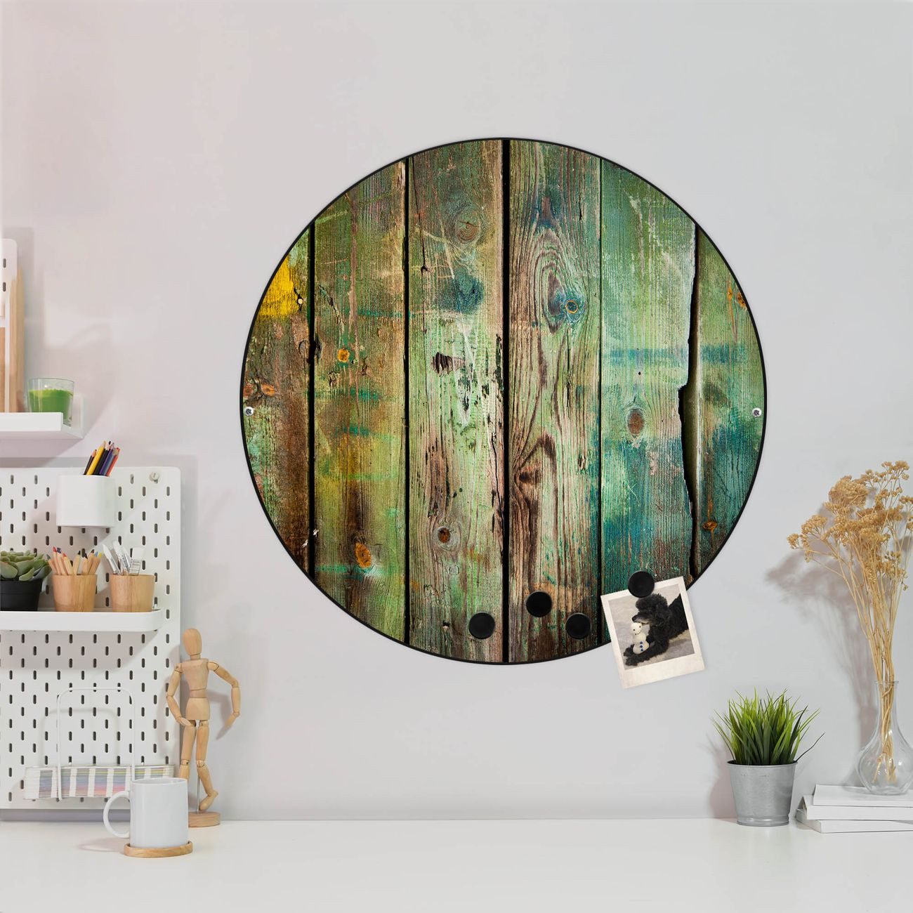 banjado Magnettafel Stahl Rund Grünes Holz, (inkl. 4 Magnete, Runde Stahlmagnettafel)