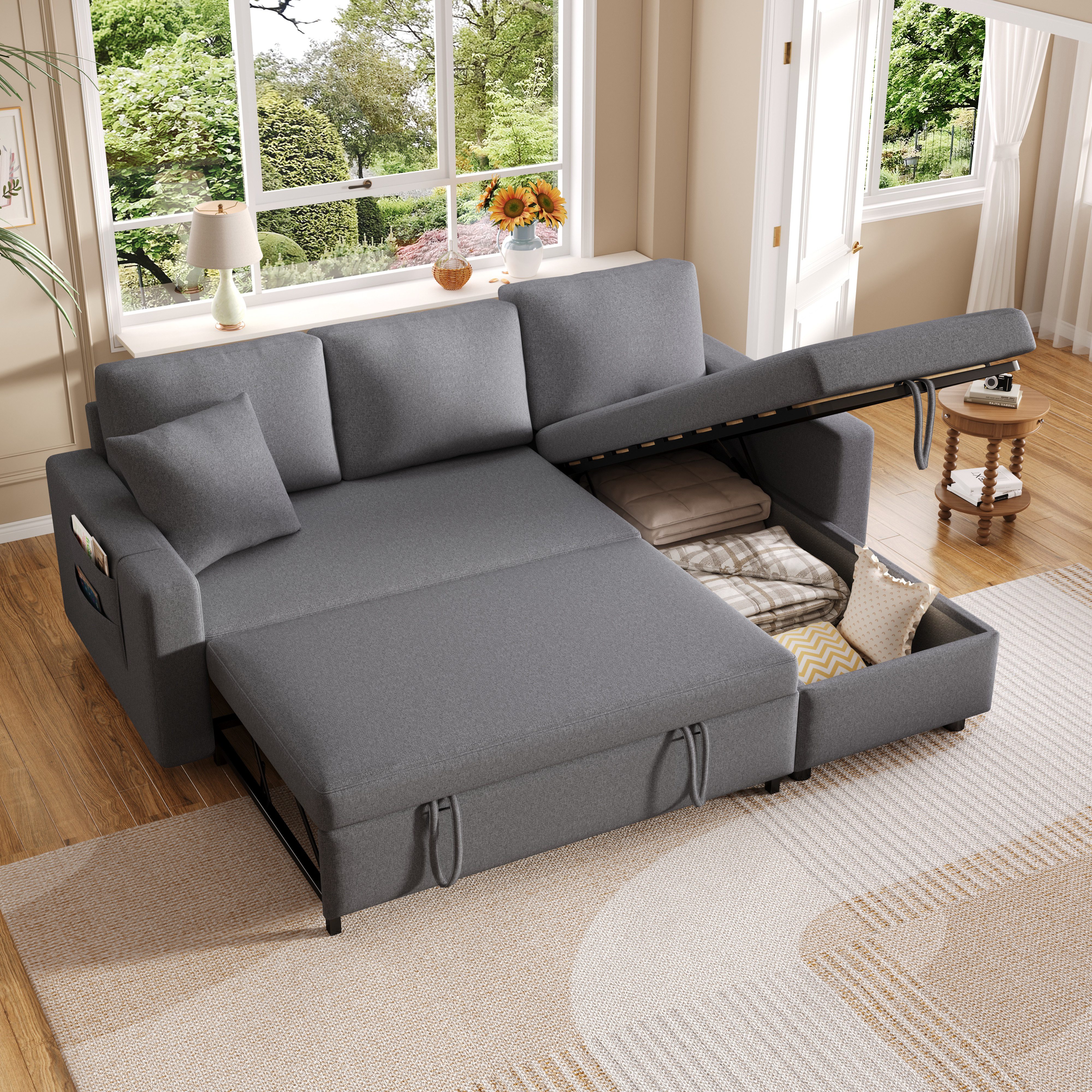 Ulife Schlafsofa Sofa-Chaiselongue links/rechts austauschbar, Sofa mit Schlaffunktion, Multifunktionssofa, Ecksofa mit Taschenbecherhalter, Schlaf Couch