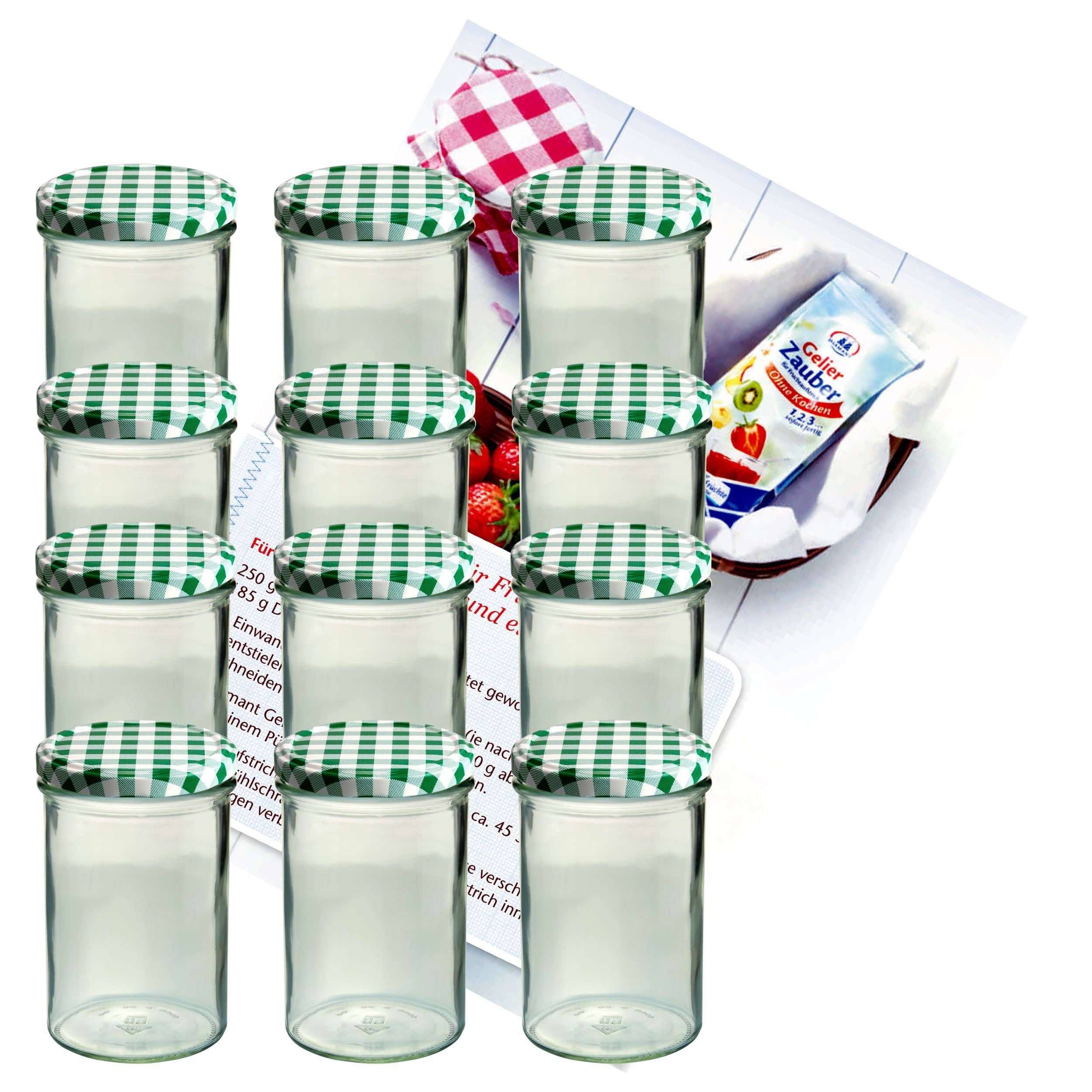 Einmachglas 12er Set Sturzglas 435 ml Marmeladenglas To 82 grün karierter Deckel