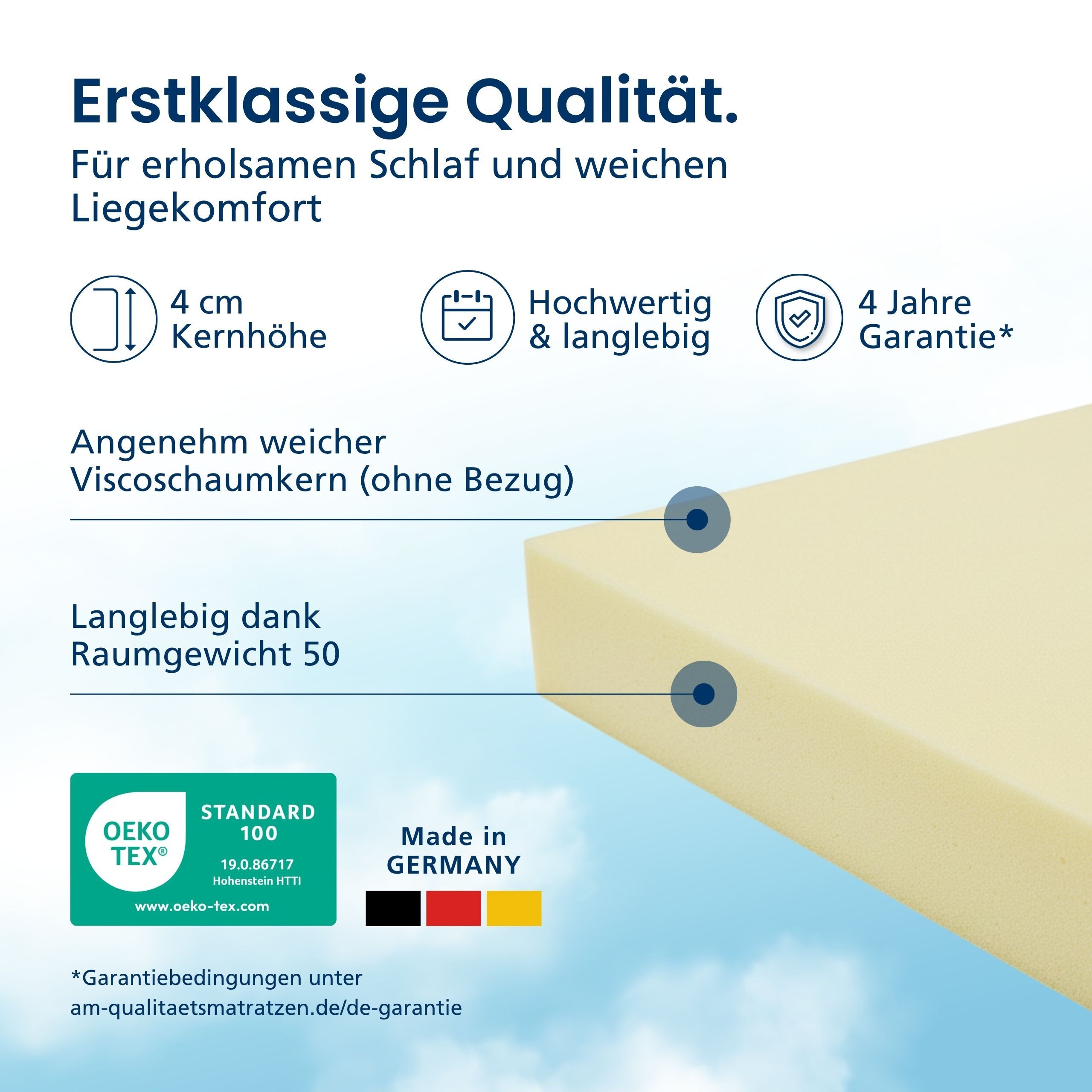 AM Qualitätsmatratzen, Topper Viscoschaum, Viscotopper ohne Bezug, viskoelastische Matratzenauflage, 4 cm hoch, 80x200 cm