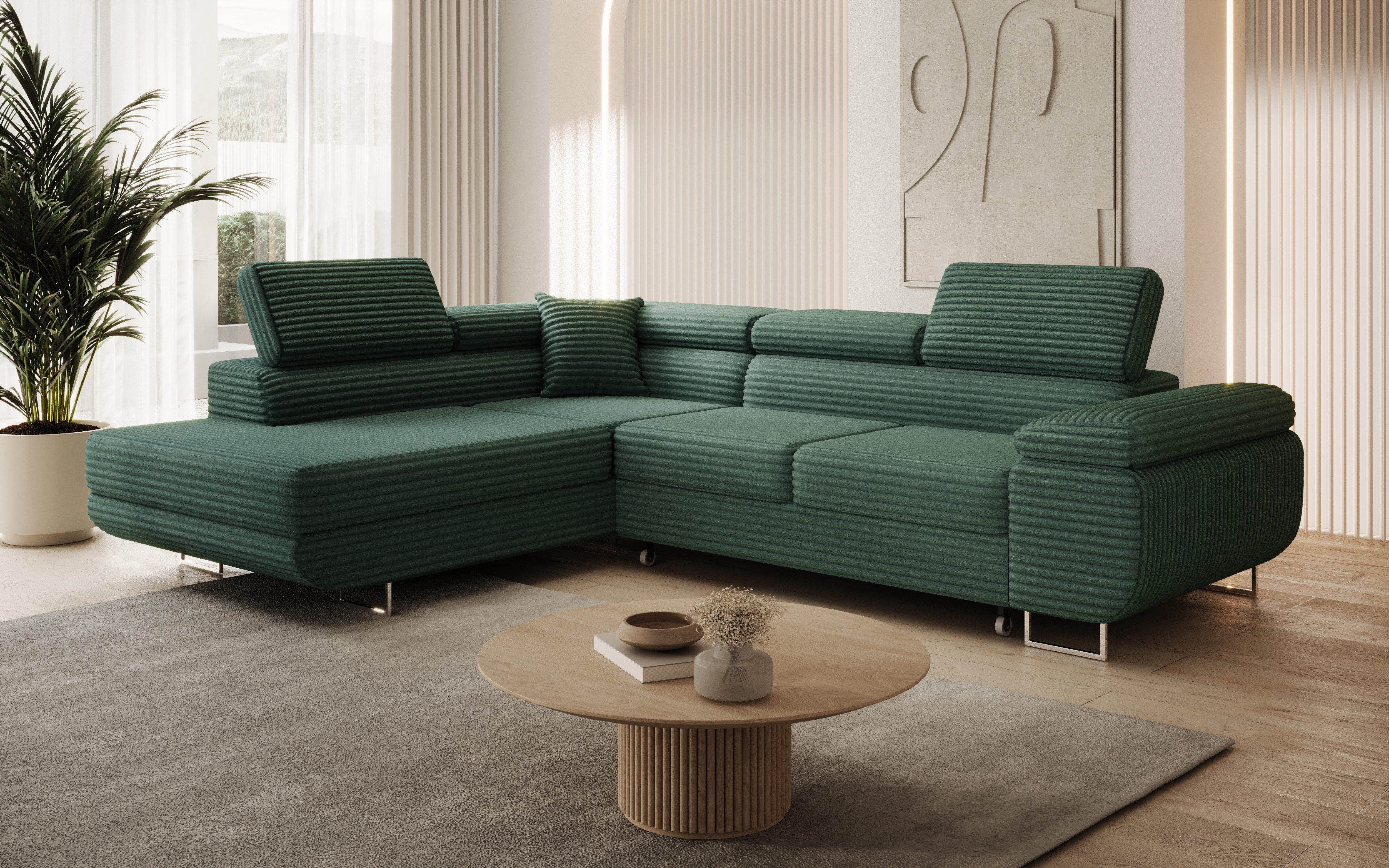 thematys Ecksofa ASTON mit Schlaffunktion & Bettkasten – Cordstoff TILIA, - mit 3 verstellbaren Kopfstützen, – L-Form 273×203 cm – Schlafsofa mit Auszug