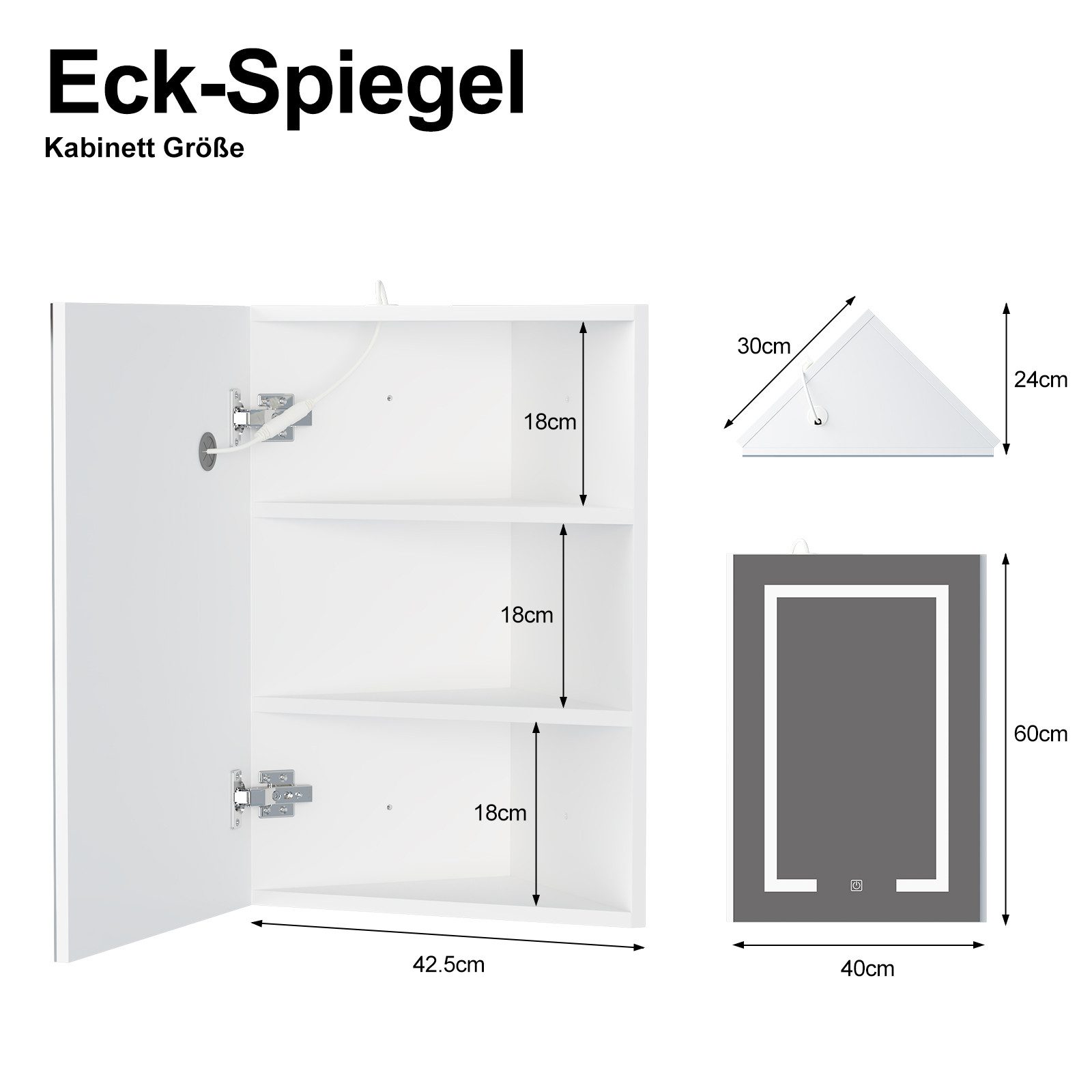 radelldar Eckschrank mit LED-Beleuchtung & HD-Spiegel – 3 Stauraumfächer (1-St) Badezimmerspiegelschrank rechteckig 42x60 cm