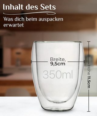 ANWA Thermoglas 4x Doppelwandige Gläser schlicht Thermogläser 350ml Kaffee Tee, Glas, doppelwandig