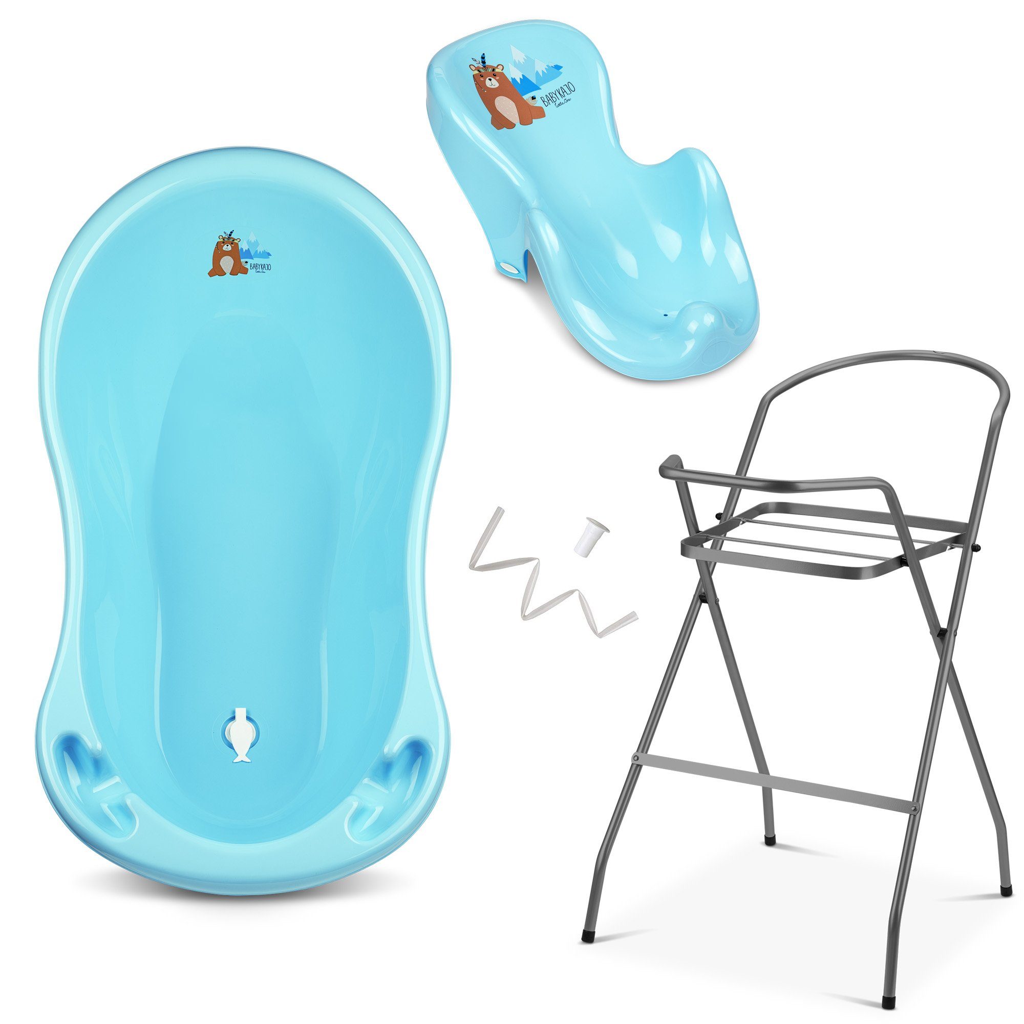 Babykajo Babybadewanne, (Set, 4-tlg), Baby Wanne mit Ständer, Wannensitz, Schlau - TÜV Rheinland geprüft Bärchen blau