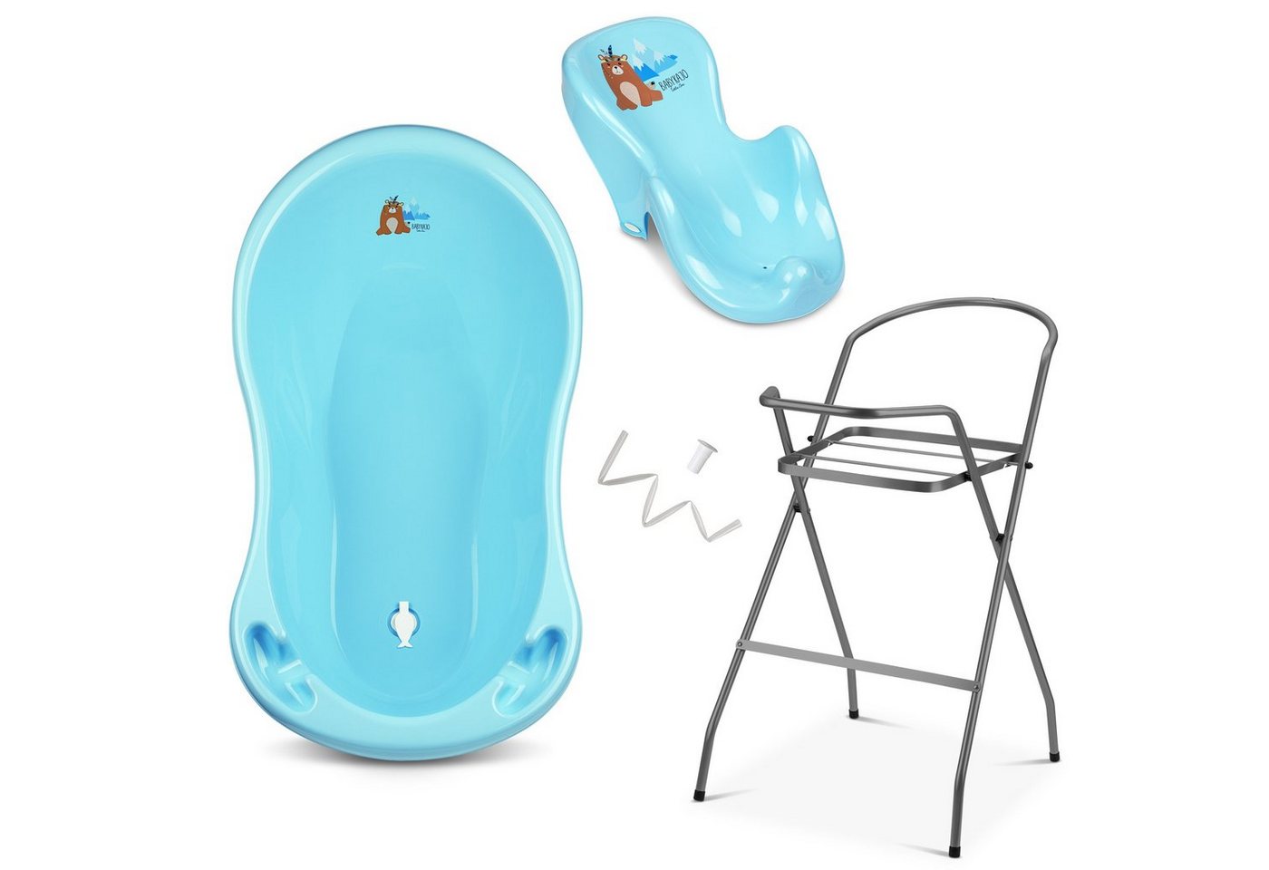 Babykajo Babybadewanne, (Set, 4-tlg), Baby Wanne mit Ständer, Wannensitz, Schlau - TÜV Rheinland geprüft
