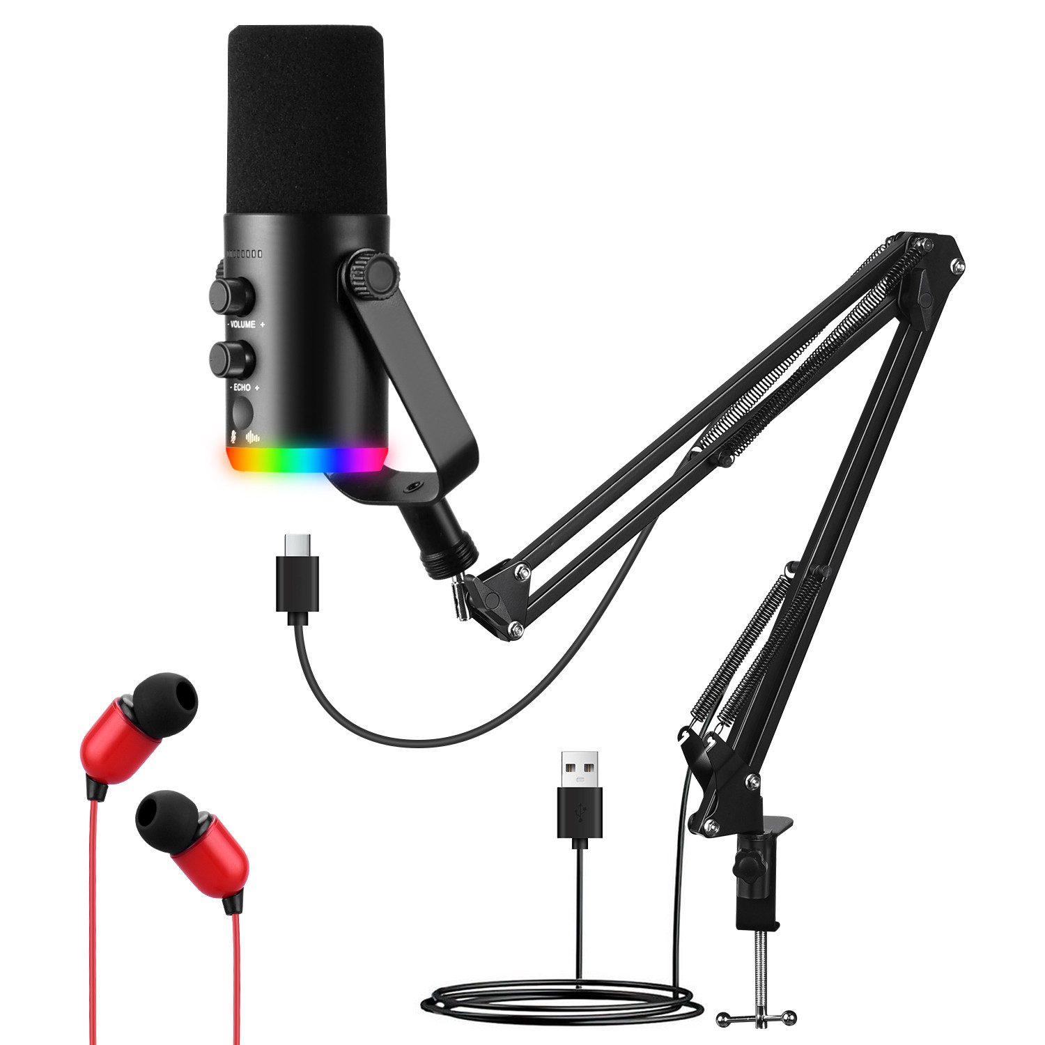 CkeyiN Pro Mikrofon Gaming, Mikrofon PC,Streaming,mit Arm,Stummschalttaste, Gain-Regler, für Podcast-Studios,Kompatibel mit Windows und Mac OS