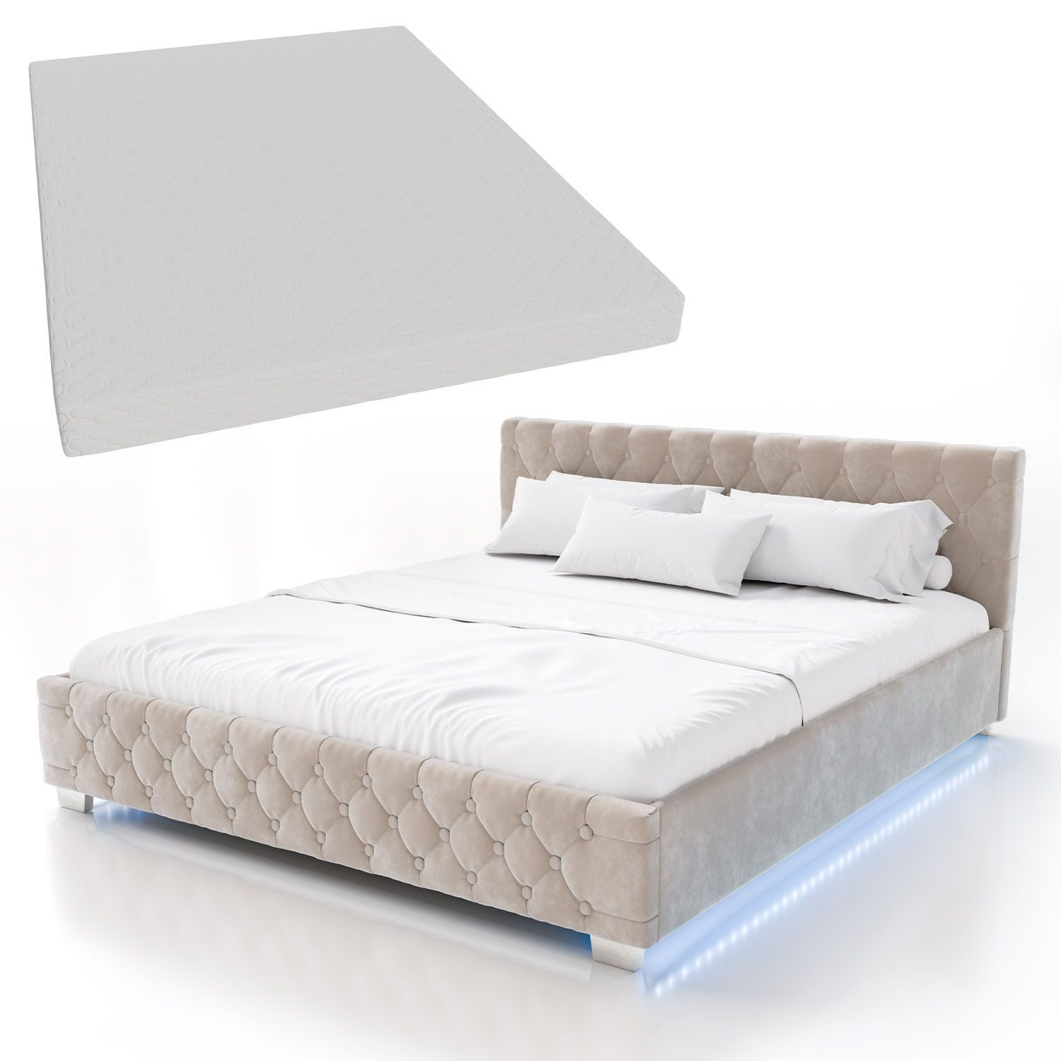 Juskys Polsterbett Nizza, 180x200 cm, LED Licht, Stauraum, Samtbezug, inkl. Matratze