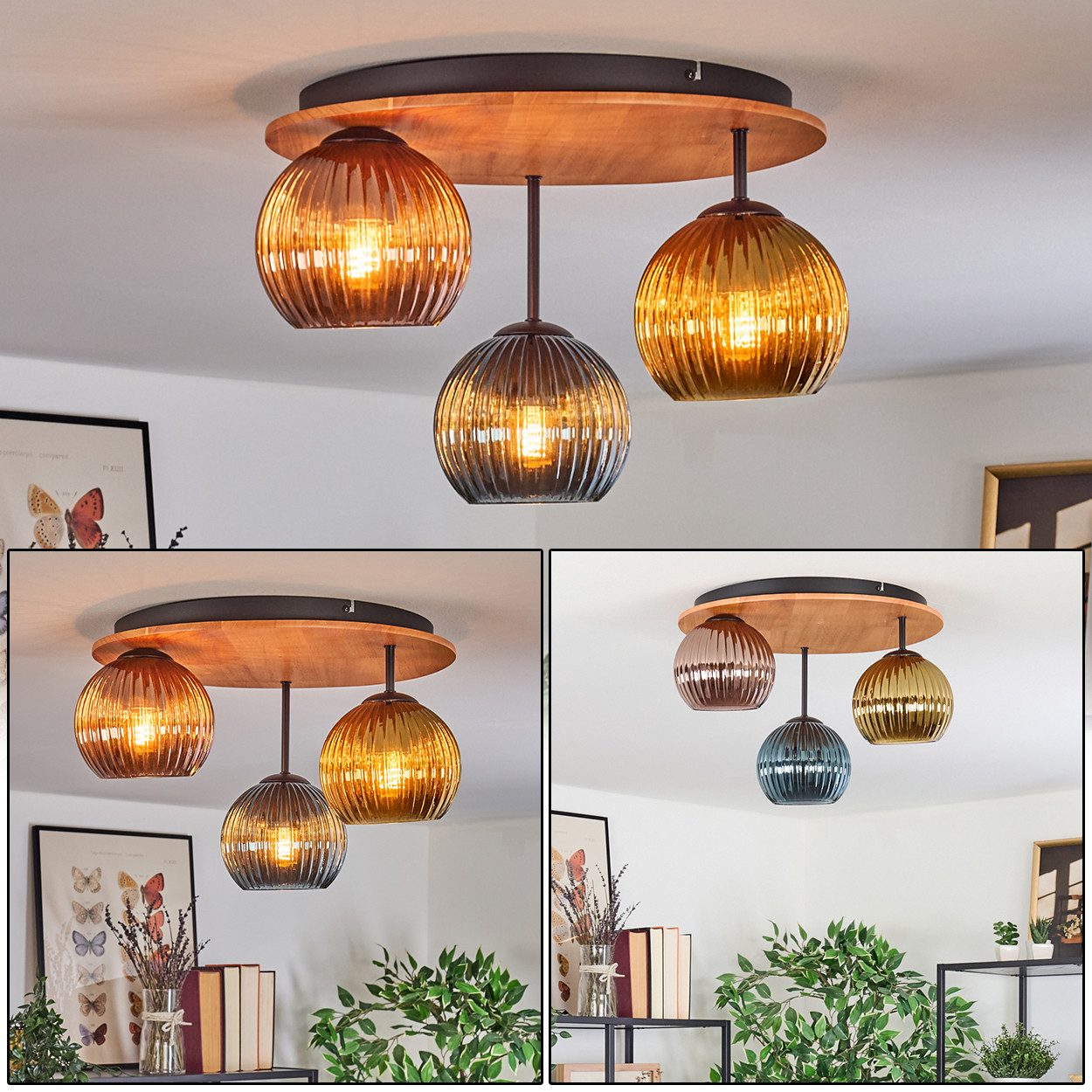 hofstein Deckenleuchte Deckenlampe aus Metall/Holz/Glas in Schwarz/Natur/Blau/Gold/Kupfer, Deckenleuchte im Retro/Vintage-Design (Schirme Ø 15 cm), 3 x E27