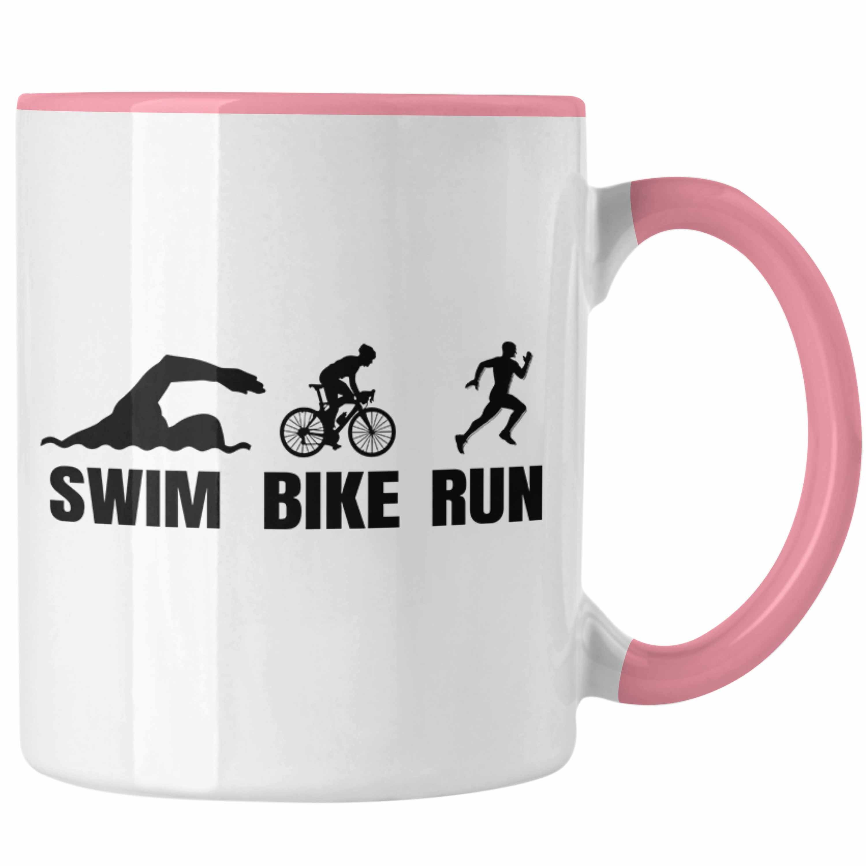 Trendation Tasse Triathlon Tasse Geschenk Spruch für Swim Bike Run Geschenkidee Sportl Rosa