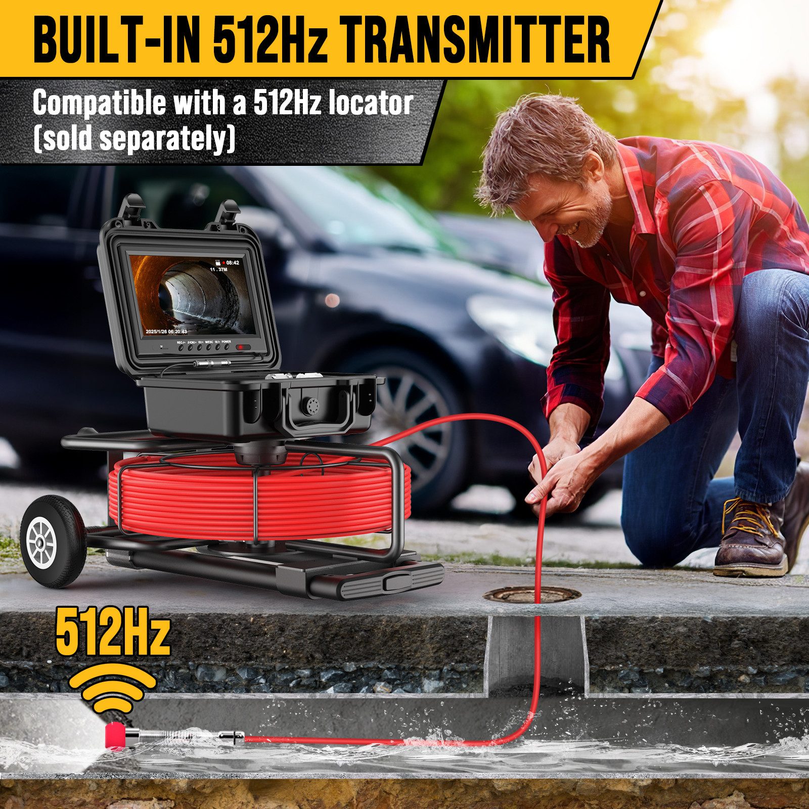 ANYSUN 9DX1 9 Zoll Rohrkamera mit Licht, Selbstnivellierend und Meterzählwerk Inspektionskamera (mit 512-Hz-Sender, Entfernungszähler, 9-Zoll-Bildschirm, 1080P HD-Rohrkamera mit 12 LEDs und 32-GB-Karte)