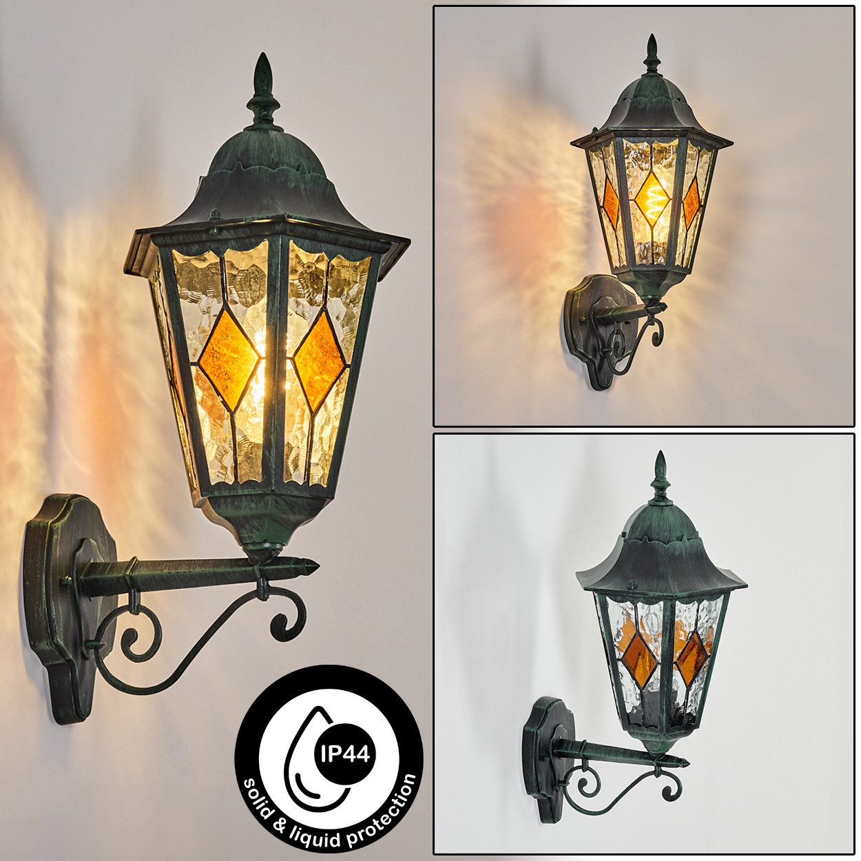 hofstein Außen-Wandleuchte Außenwandlampe aus Metall/Glas in Schwarz/Grün/Klar/Orange, Wandleuchte außen im Vintage/Antik/Landhaus-Design, E27, IP44