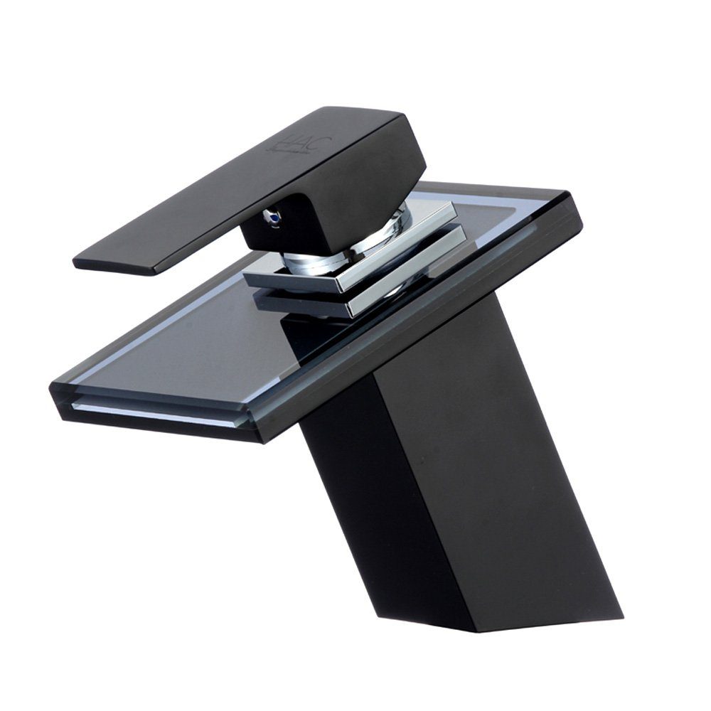 HAC24 Waschtischarmatur Glas Wasserfall Waschbecken Armatur Wasserhahn Messing, Schwarz