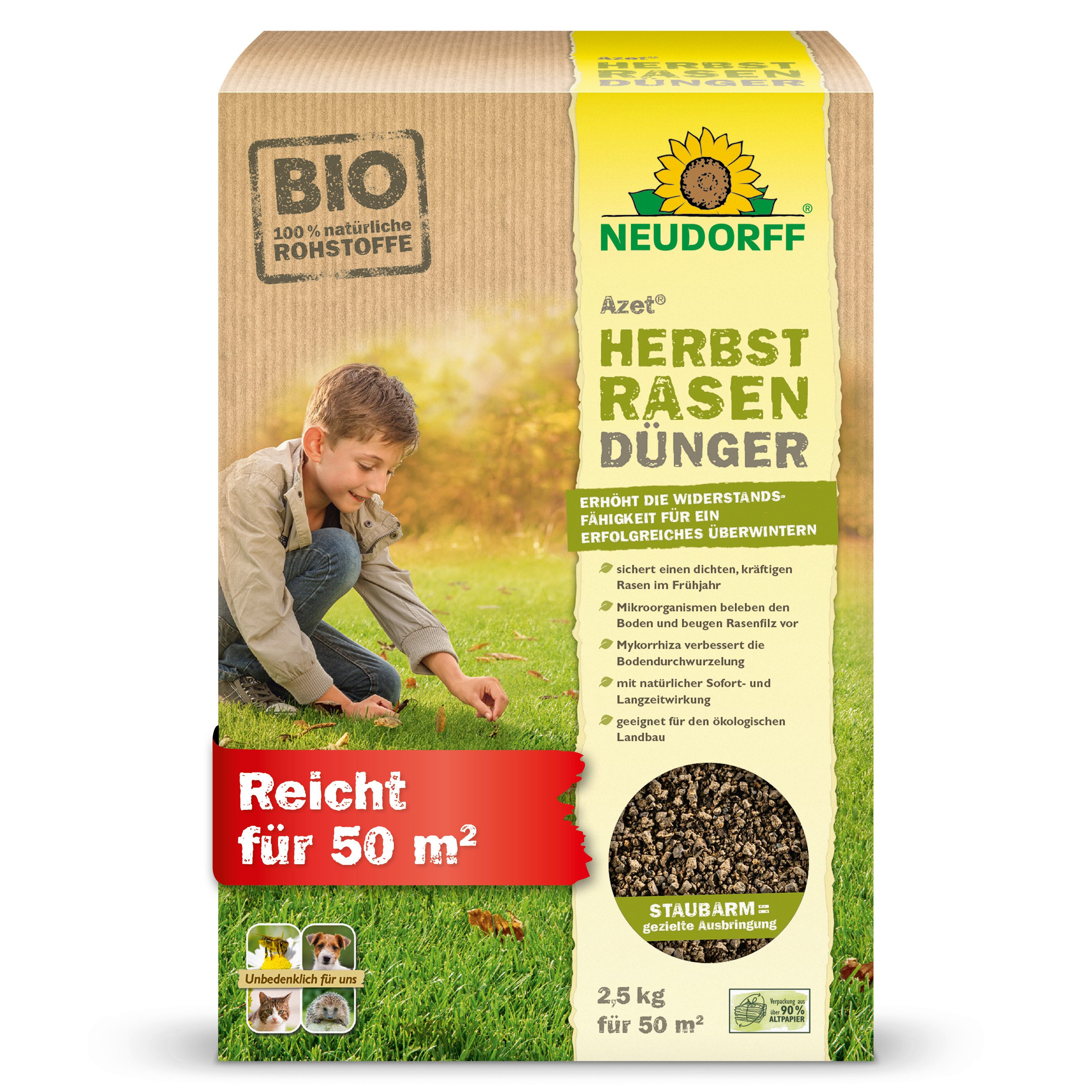 Neudorff Rasendünger Azet HerbstRasenDünger 2,5 kg, sorgt für einen dichten, kräftigen Rasen im Frühjahr, Mikroorganismen beleben den Rasen und beugen Rasenfilz vor