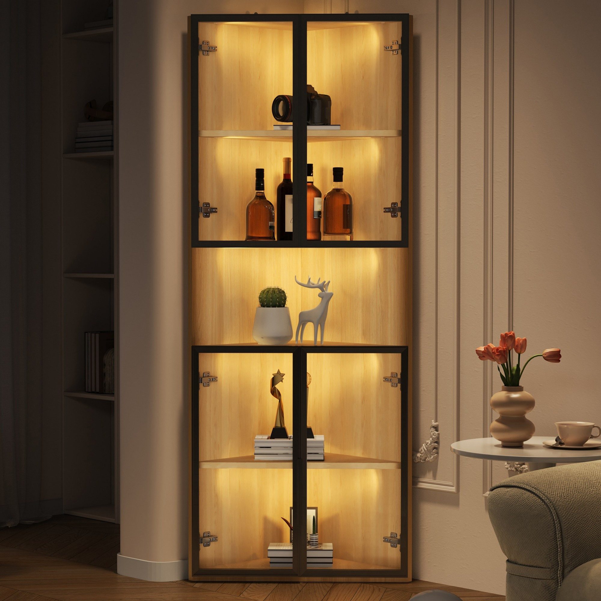 BlingBin Eckvitrine LED-Glasvitrine Bücherregal (Sammlungsvitrine, Weinschrank, 1-St., 62x32x160cm) integrierte Lichtleiste, staubdichter Schrank aus gehärtetem Glas