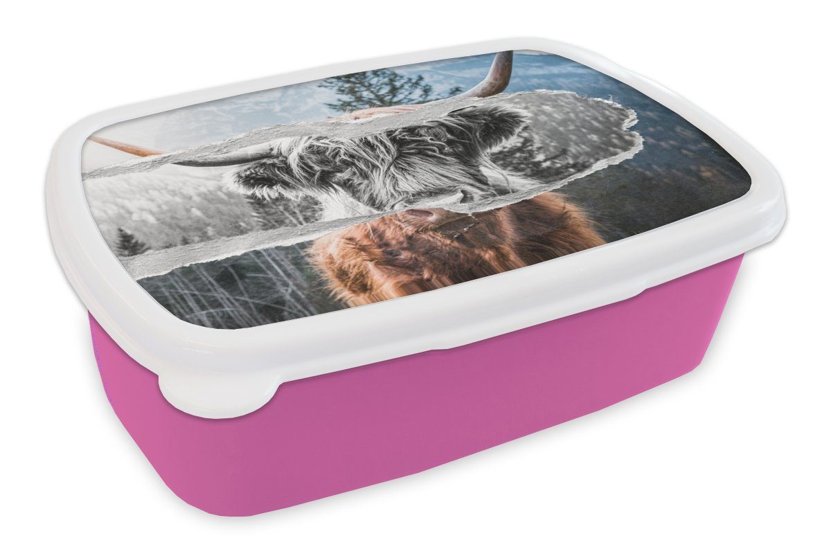 MuchoWow Lunchbox Schottischer Highlander - Kuh - Schwarz - Weiß, Kunststoff, (2-tlg), Brotbox für Erwachsene, Brotdose Kinder, Snackbox, Mädchen, Kunststoff rosa