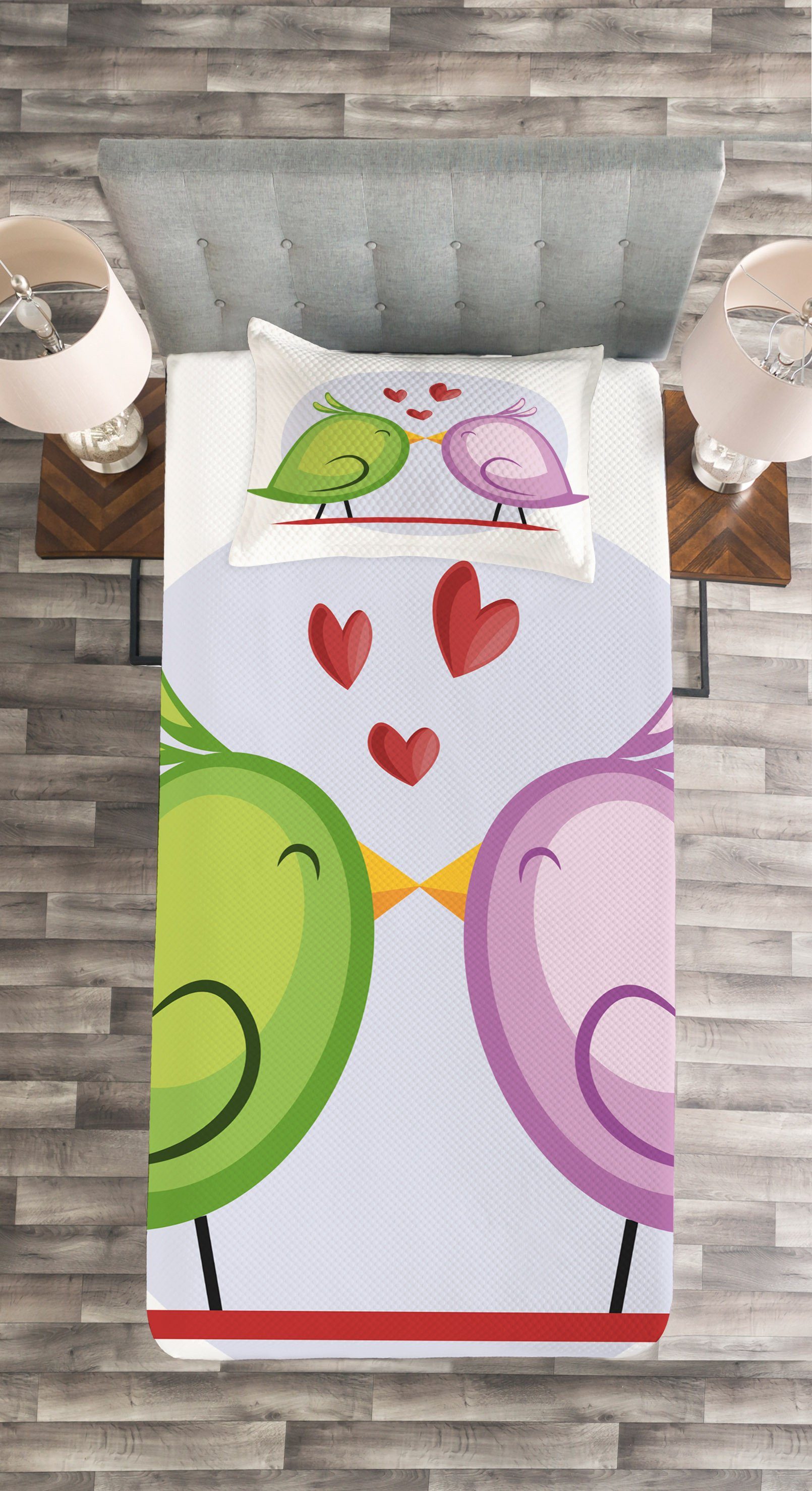 Abakuhaus, Cartoon Mauve küssen Tagesdecke mit Waschbar, Vögel Kissenbezügen Set Grüne