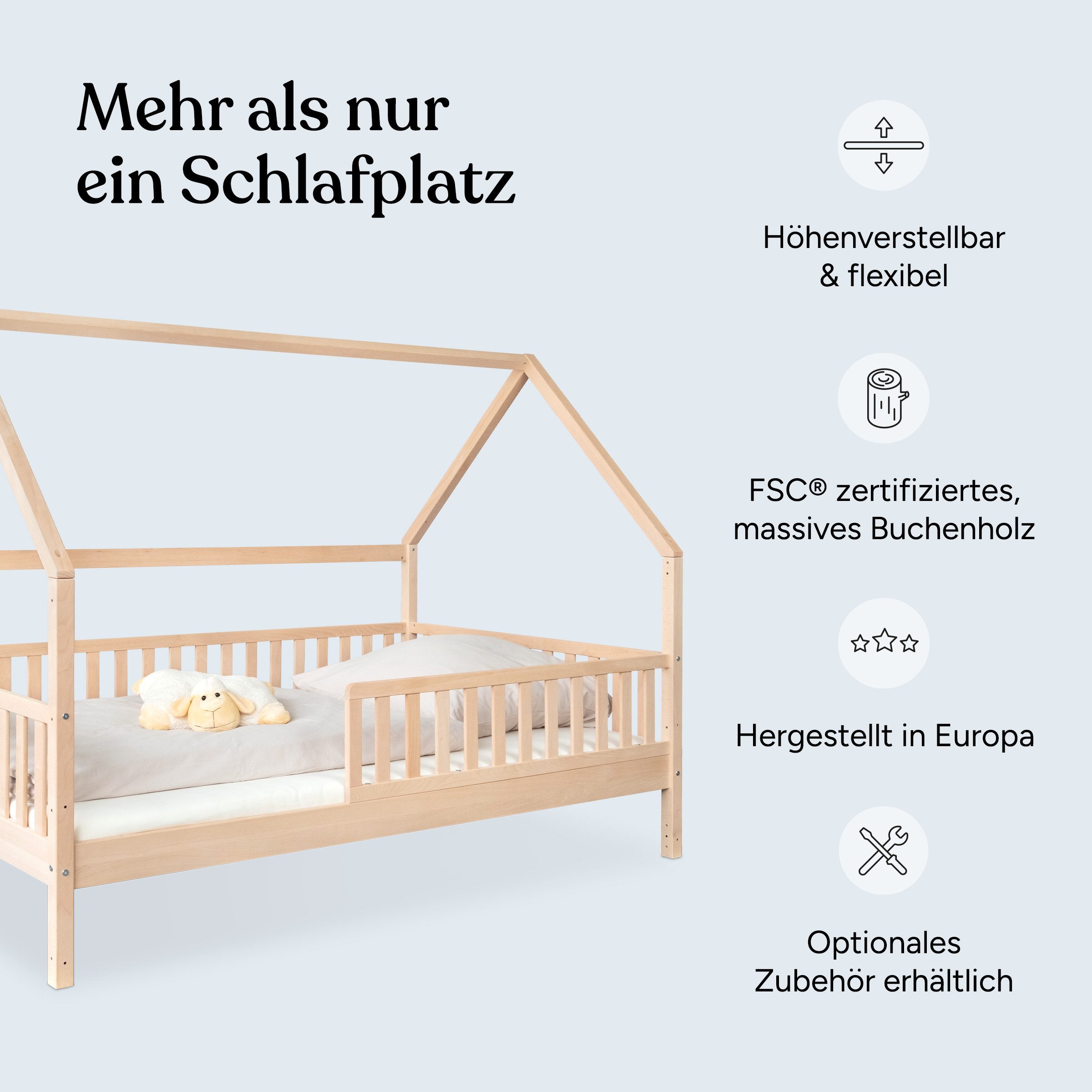 Ehrenkind Hausbett Livo aus massivem Buchenholz in verschiedenen Größen (FSC® zertifiziertMontessori Kinderbett, Jugendbett, 120x200 cm), höhenverstellbar