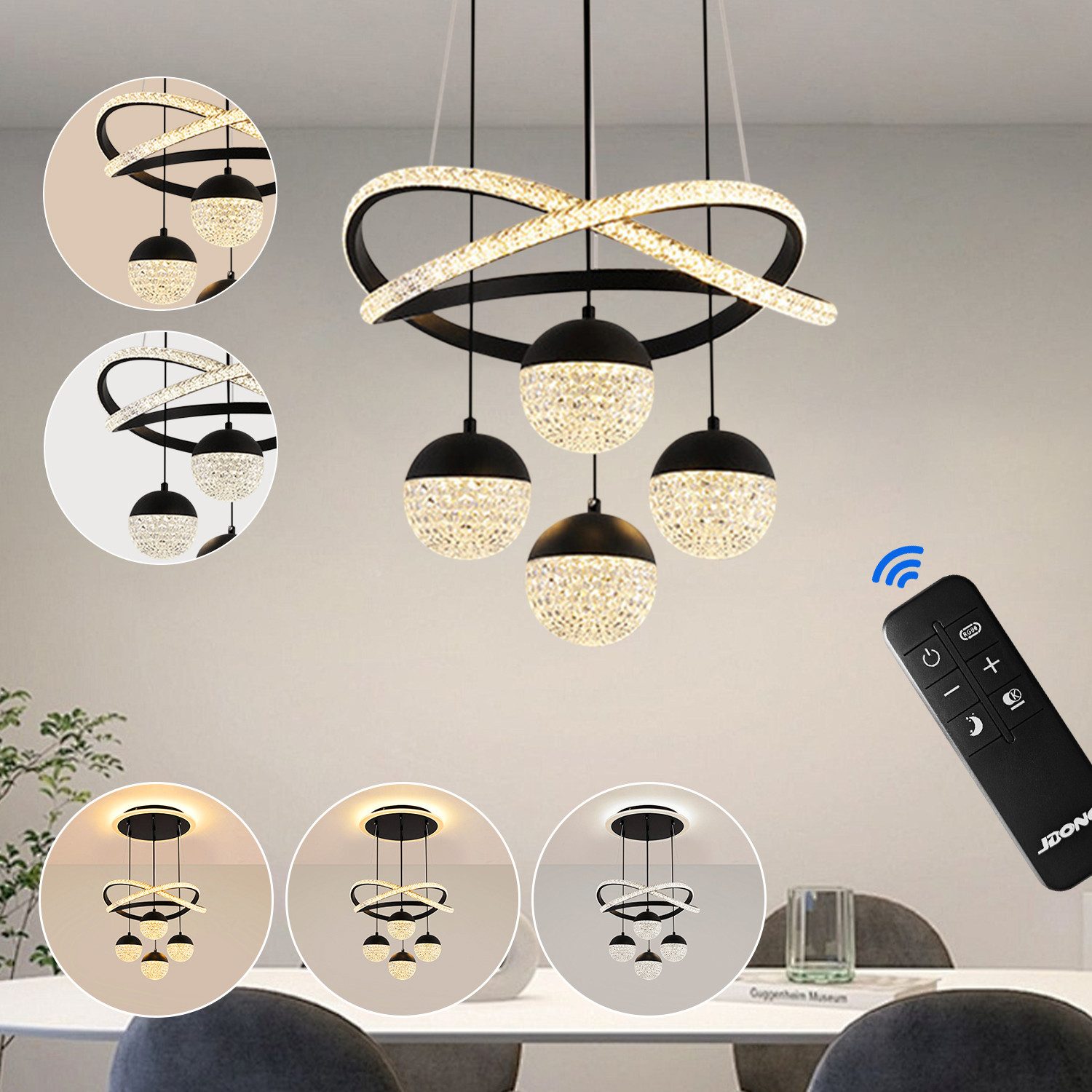 JDONG Pendelleuchte Dimmbar mit Fernbedienung 54W LED Pendellampe, 100CM Höhenverstellbar, Kronleuchter Kristall, Für Wohnzimmer Schlafzimmer Arbeitszimmer Büro Esszimmer