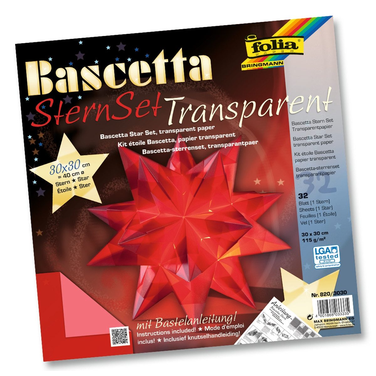 Folia Papierstern folia Bastelset Bascetta Stern Ø40cm 115g/m² rot 30x30cm 32 Blatt