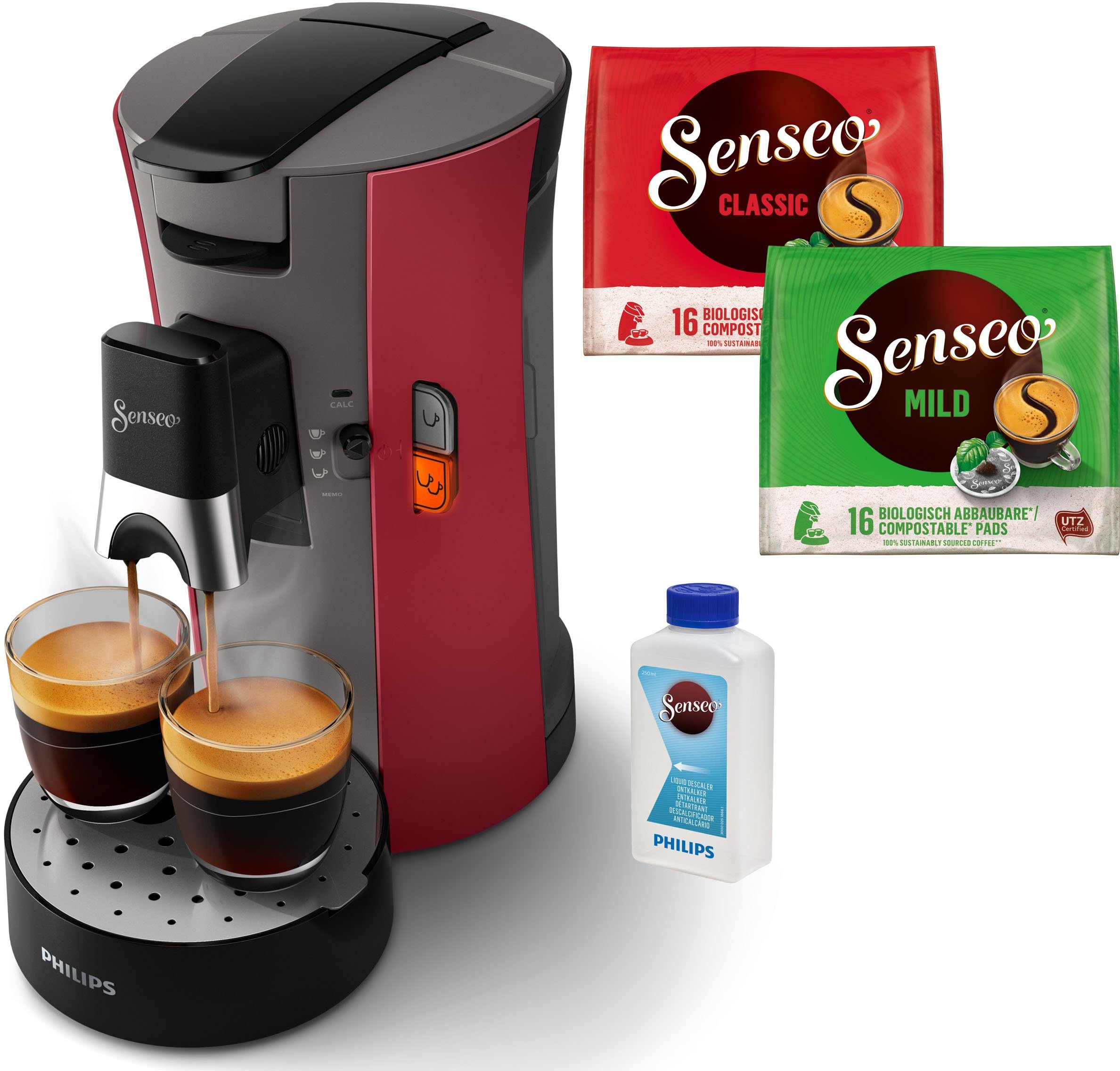 aus Senseo mit CSA240/90, Plastik 21% Kaffeepadmaschine und Kaffeespezialitäten, 3 Select dunkelrot Philips recyceltem