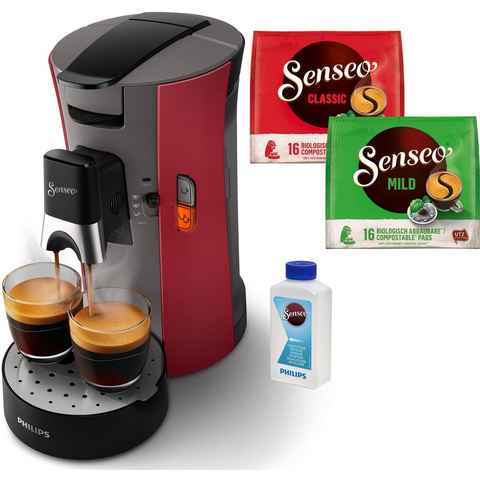 Philips Senseo Kaffeepadmaschine Select CSA240/90, aus 21% recyceltem Plastik und mit 3 Kaffeespezialitäten, dunkelrot