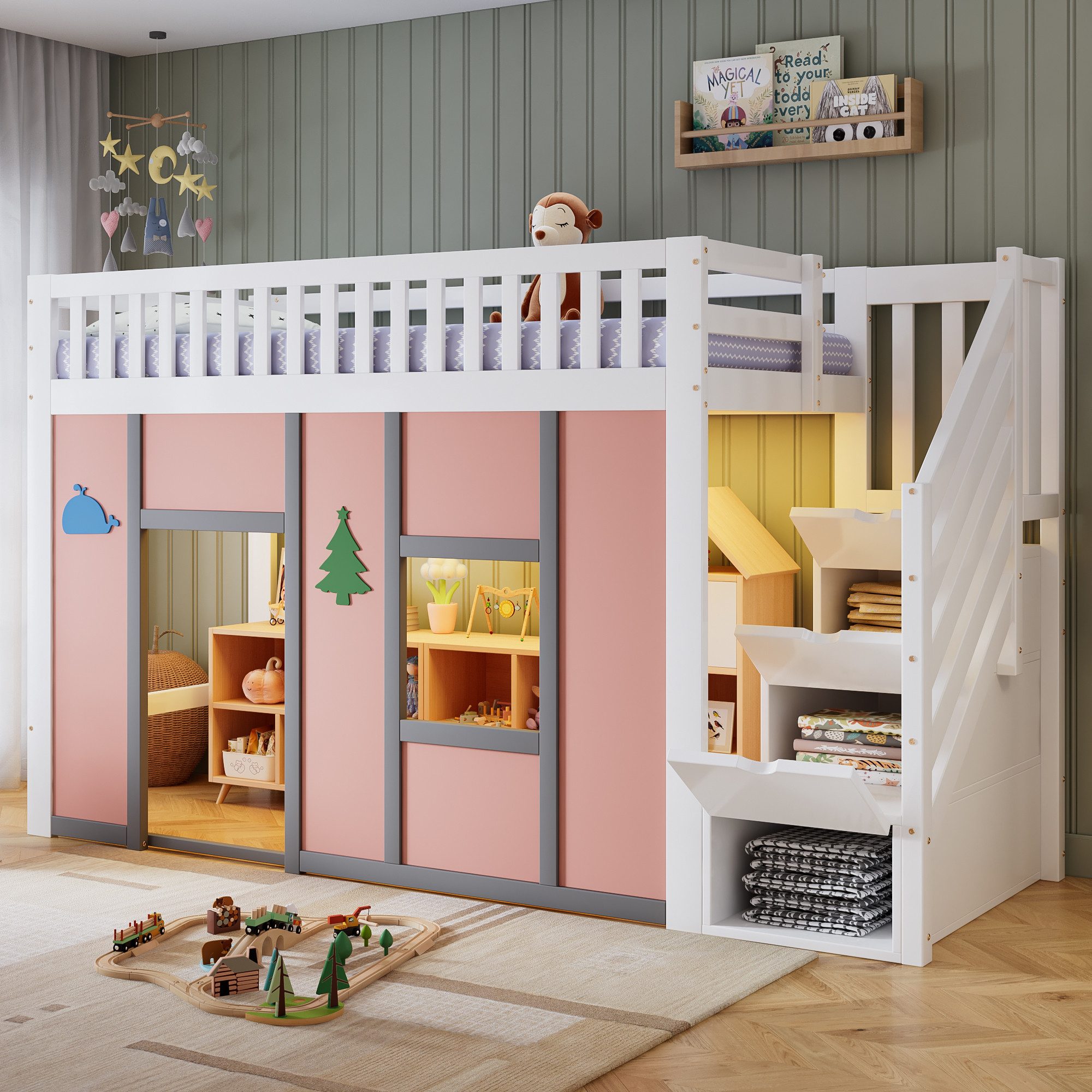 TavilaEcon Hochbett Halbhochbett mit Stauraumtreppe, LED-Beleuchtung und Spielbereich (1-St) mit Rausfallschutz und Deko-Motiven für Kinderzimmer, 90x200 cm