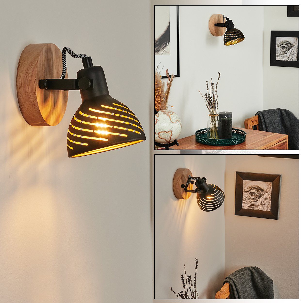 hofstein Wandleuchte »Mitterthal« Wandlampe, Metall/Holz, Schwarz/Gold/Natu günstig online kaufen