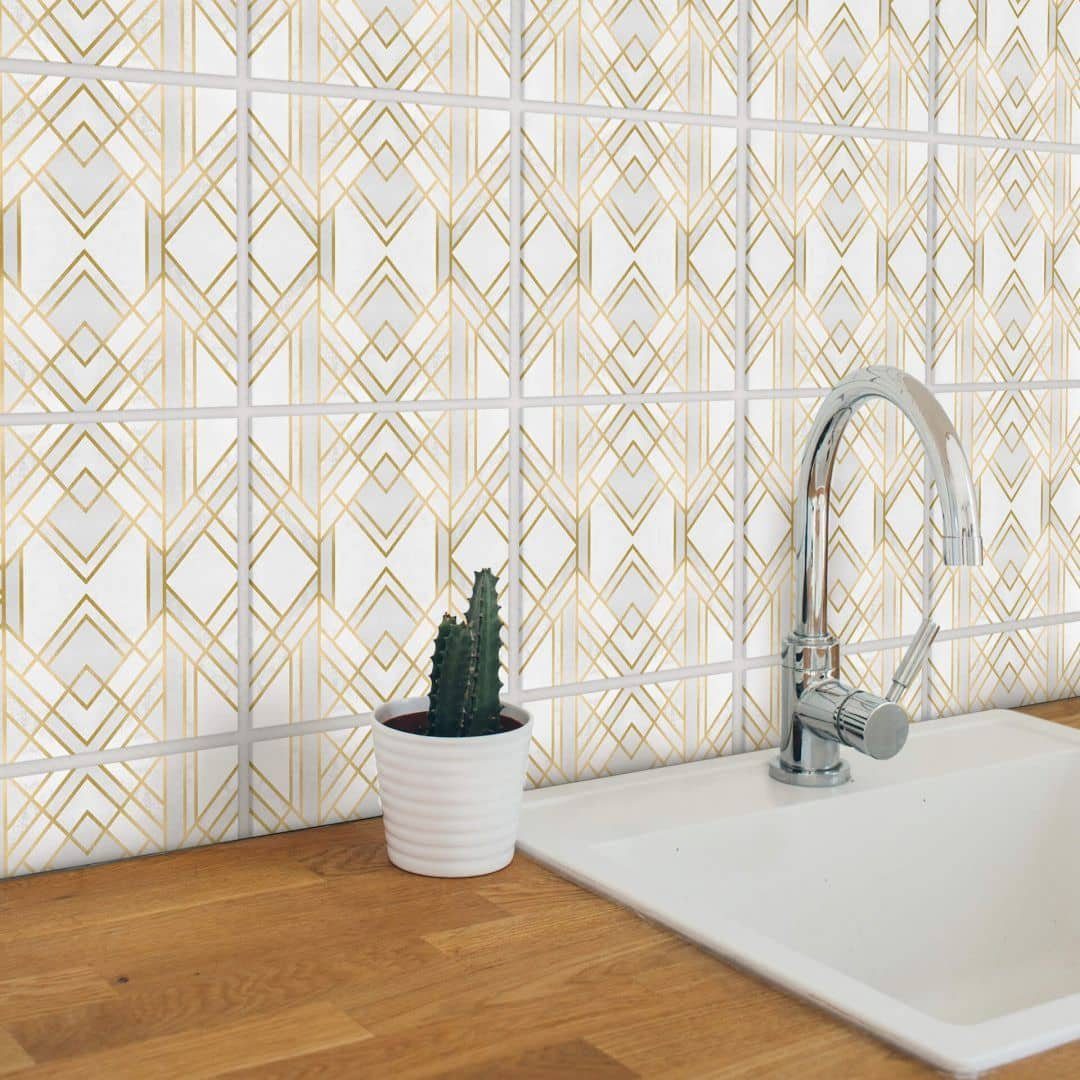 K&L Wall Art Fliesenaufkleber selbstklebend Klebefliese Sticker Art Deco Geometrisch Gold Küche