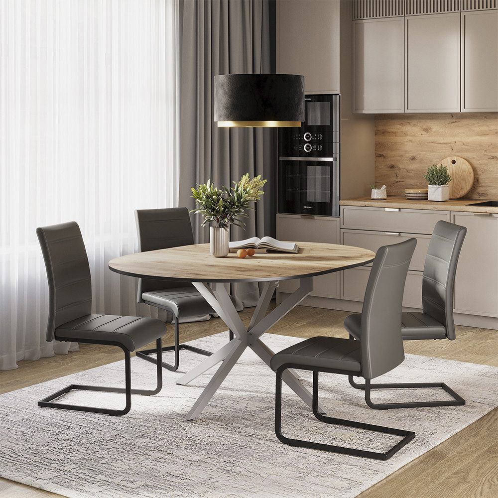 Vicco Essgruppe Loyd, Eiche rustikal/Grau, 120 x 120 cm mit 4 Esszimmerstühlen, Grau, (6-tlg)
