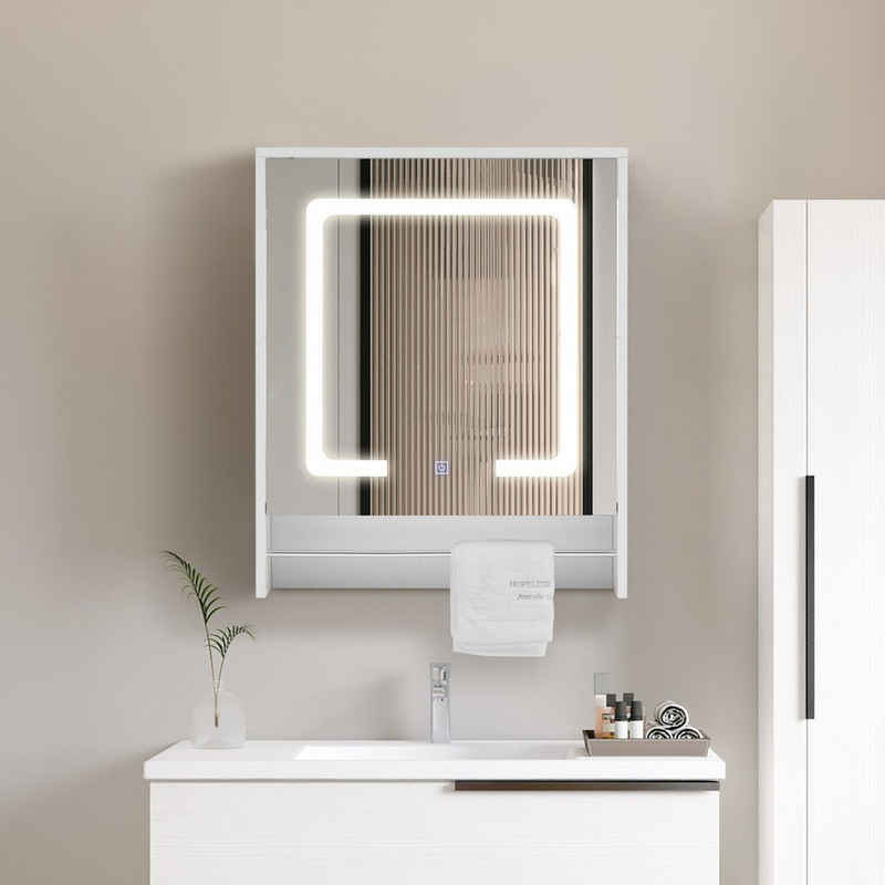 CLIPOP Badezimmerspiegelschrank Badeschrank mit LED Wandspiegel mit Touchschalter, verstellbaren Regalen & Handtuchhalter