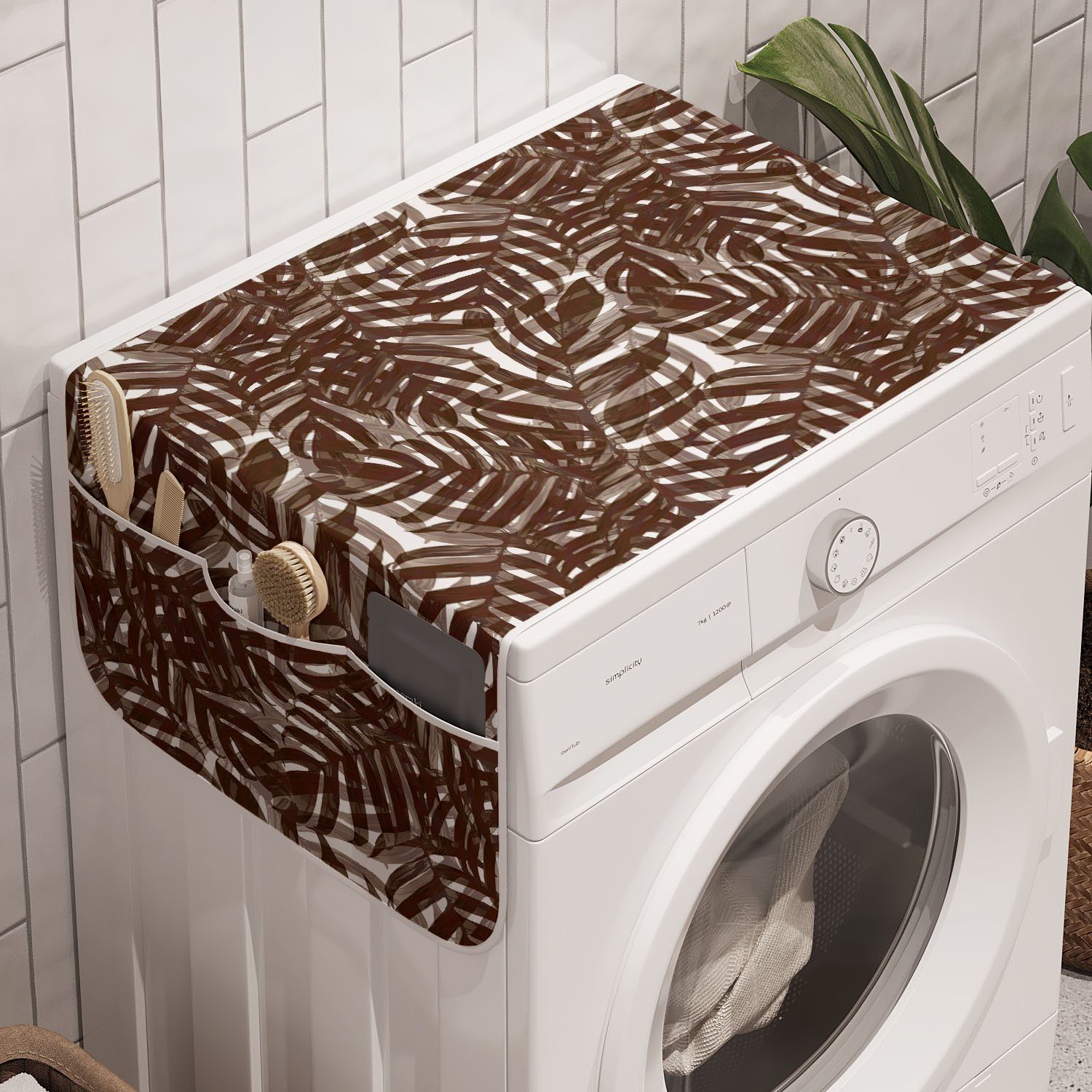 Abakuhaus Badorganizer Anti-Rutsch-Stoffabdeckung für Waschmaschine und Trockner, Tropisch Brown Exotische Blätter Motiv