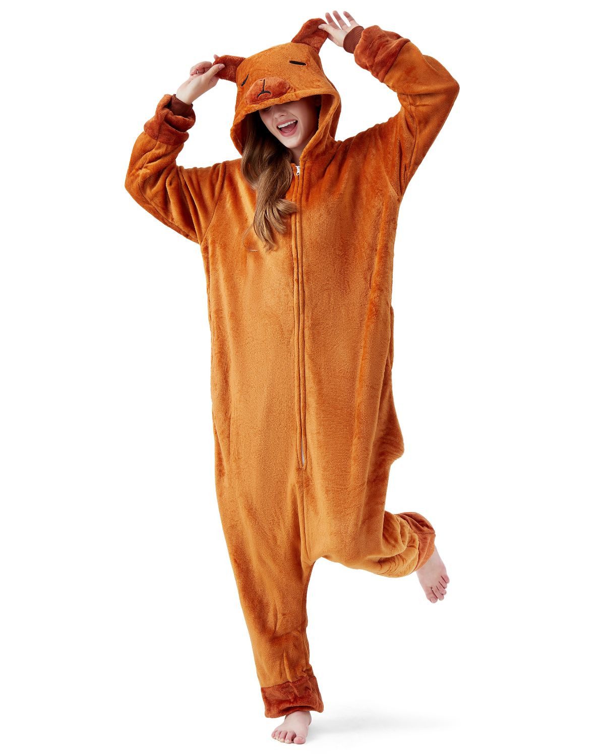 Corimori Partyanzug Onesie Ganzkörper Kostüm für Erwachsene, Capybara-Kostüm Herren Karneval Capybara Wasserschwein Nagetier,L