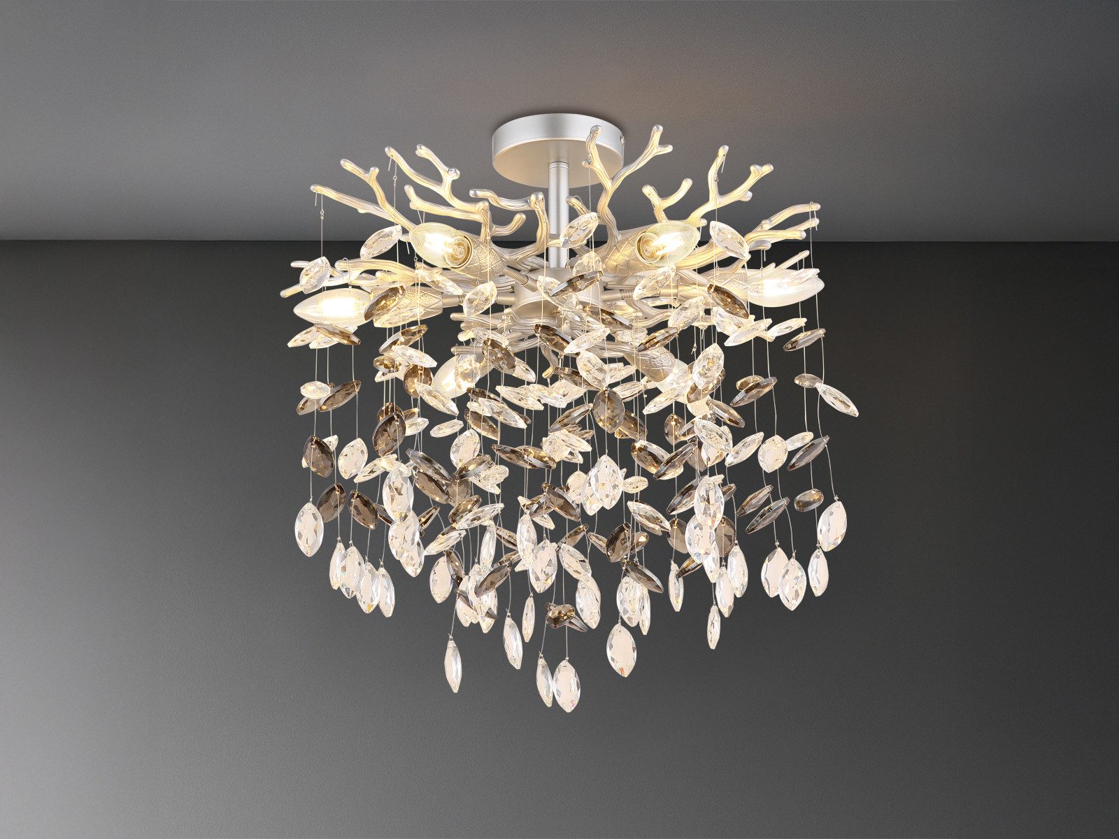 GLOBO LIGHTING LED Deckenleuchte mit Kristall 2-farbig Ø 50cm, Dimmfunktion, LED wechselbar, Warmweiß, ausgefallene extravagante Deckenlampe in Zweigoptik, mehrflammig