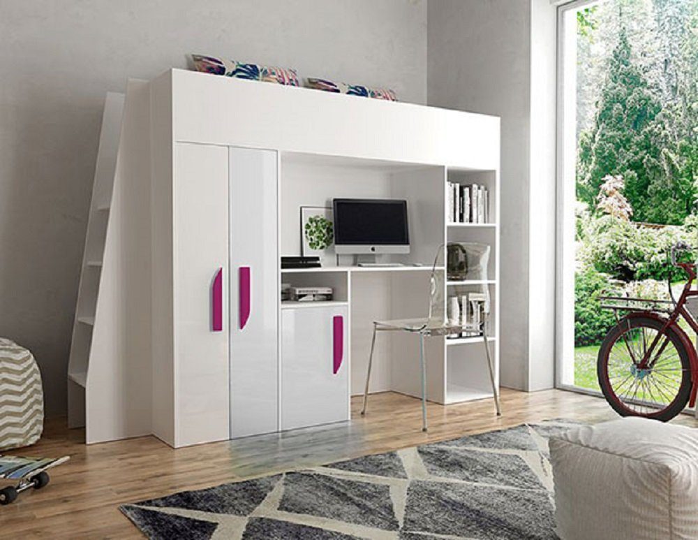 Feldmann-Wohnen Hochbett PARTY (Etagenbett, mit Schrank und Schreibtisch) Farbe wählbar weiß / weiß Hochglanz - Griffe pink