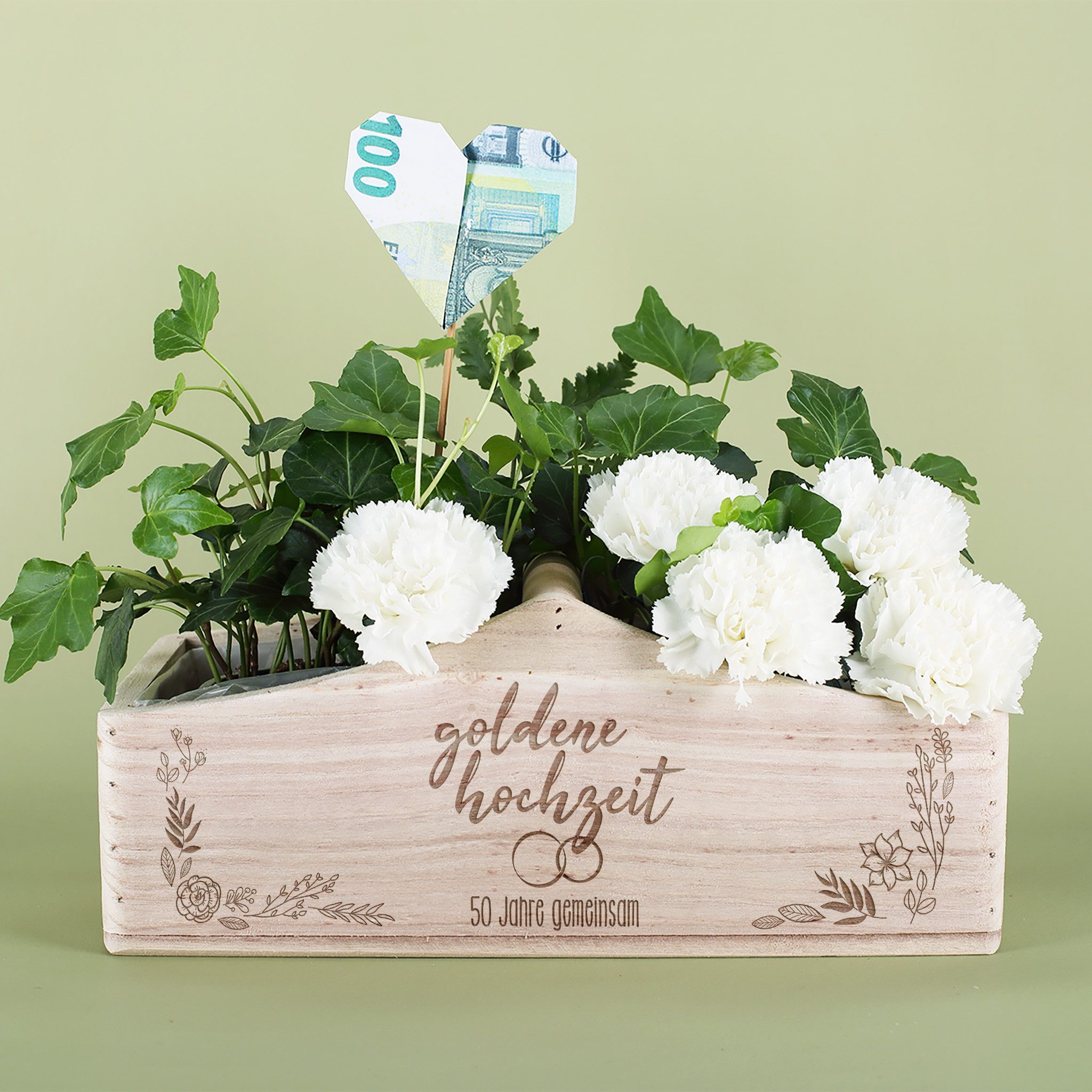 Herz & Heim Geschenkbox Präsentkorb für Geschenke zu Silberhochzeit & Goldene Hochzeit, aus Holz, mit Gravur, mit Griff, zum selbst befüllen – Bild 4 von 4
