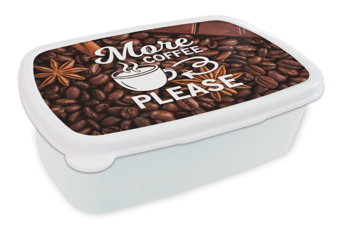MuchoWow Lunchbox Zitate - Sprichwörter - Mehr Kaffee bitte - Kaffee, Kunststoff, (2-tlg), Brotbox für Kinder und Erwachsene, Brotdose, für Jungs und Mädchen weiß