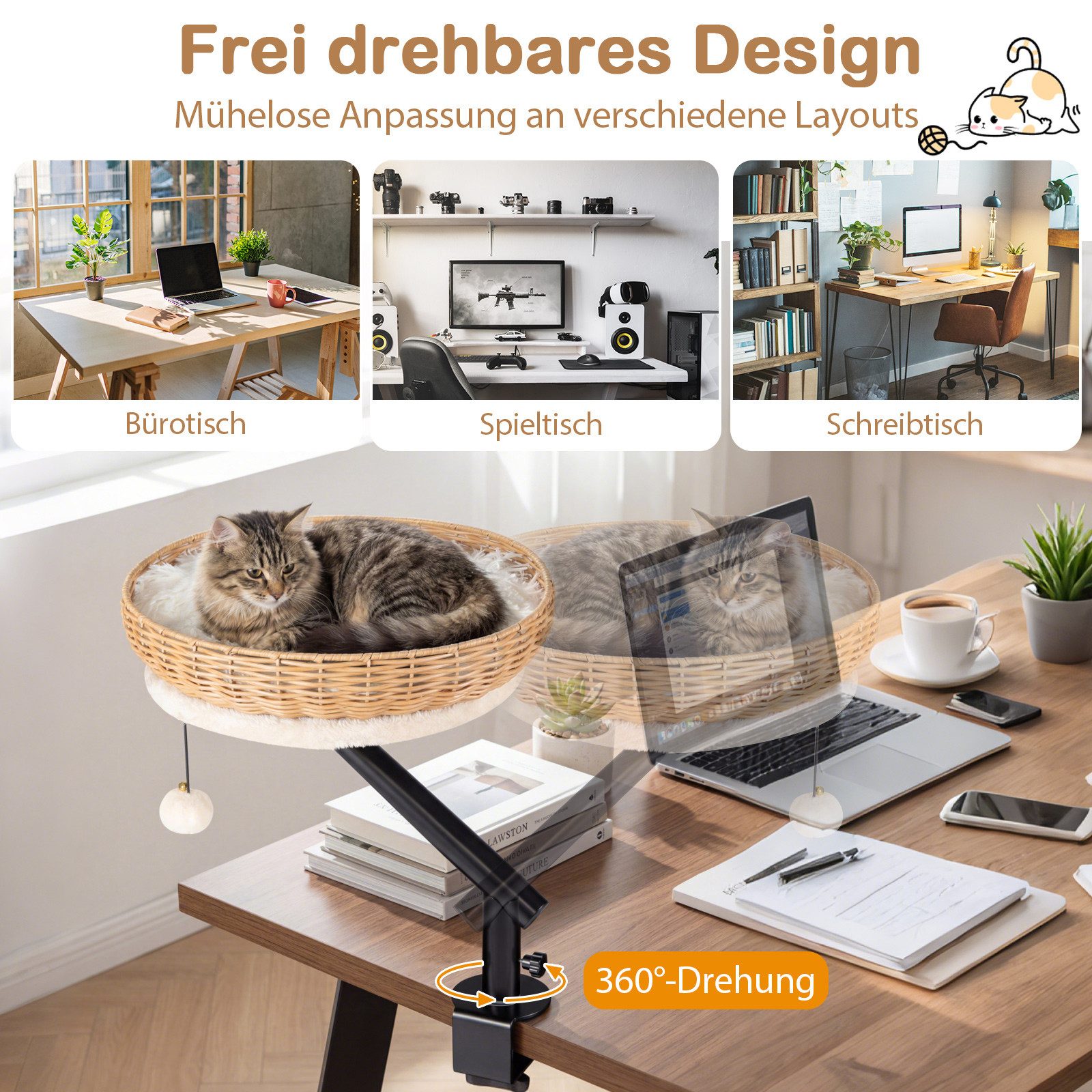 COSTWAY Tierbett, Katzenbett für Schreibtisch, Katzenkorb, 360° drehbar