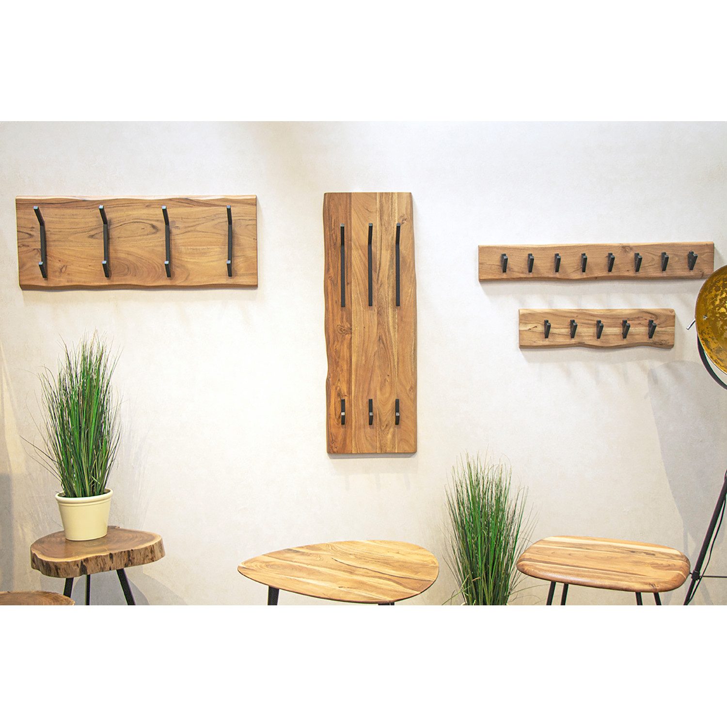HAKU Garderobenständer RIVERA 4 Garderobe - akazie-schwarz - Massivholz, Metall - B. 90cm, (1xWandgarderobe, Wandhalterung - Wandhalter), Wandhakenleiste - Hakenleiste - Garderobenleiste - Wandhaken
