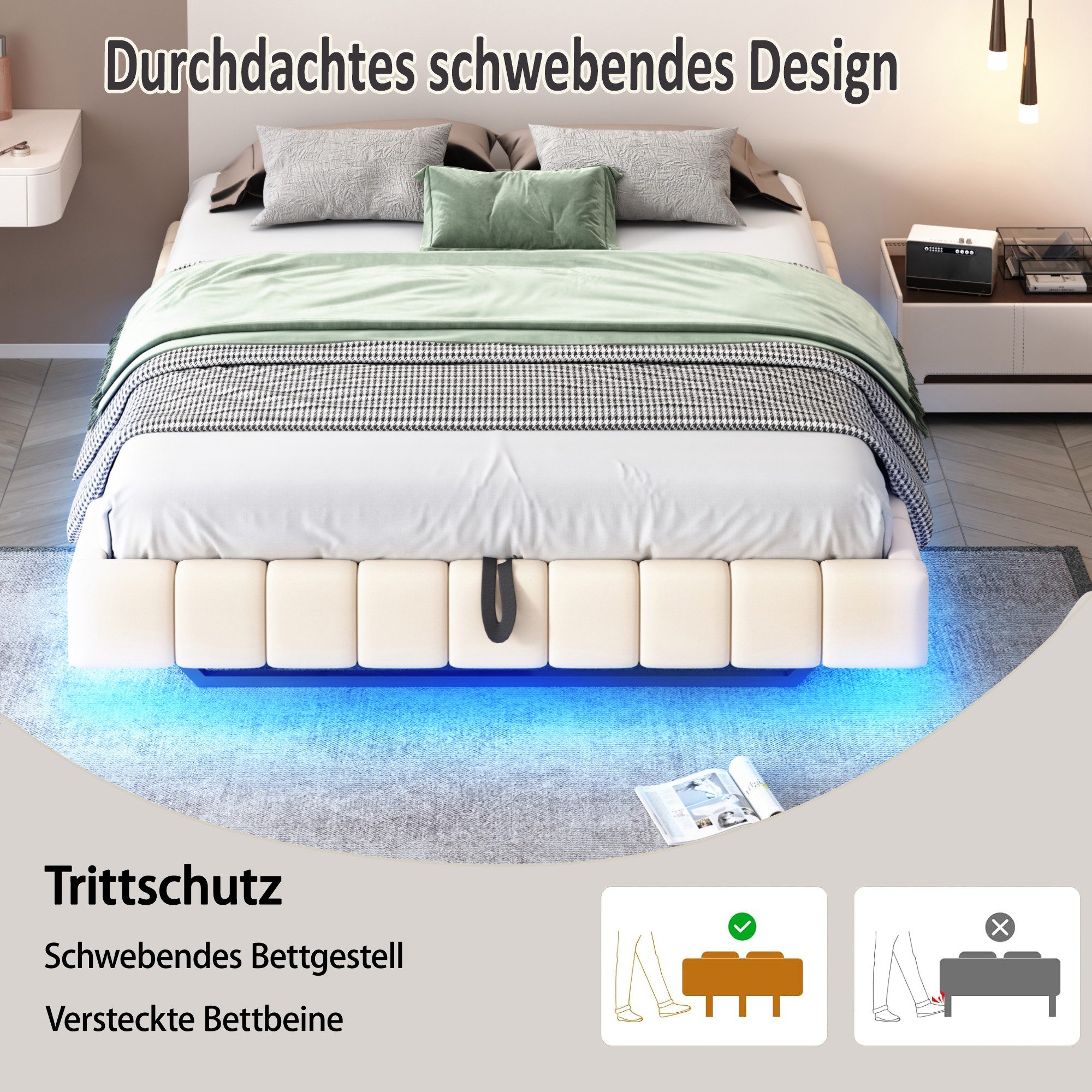 Merax Polsterbett schwebendes Design mit LED-Lichtleiste (1-tlg., Hydraulisches Stauraumbett Mehrzweckbett), Doppelbett 180x200cm mit hydraulischem Stauraum, oh – Bild 5 von 5