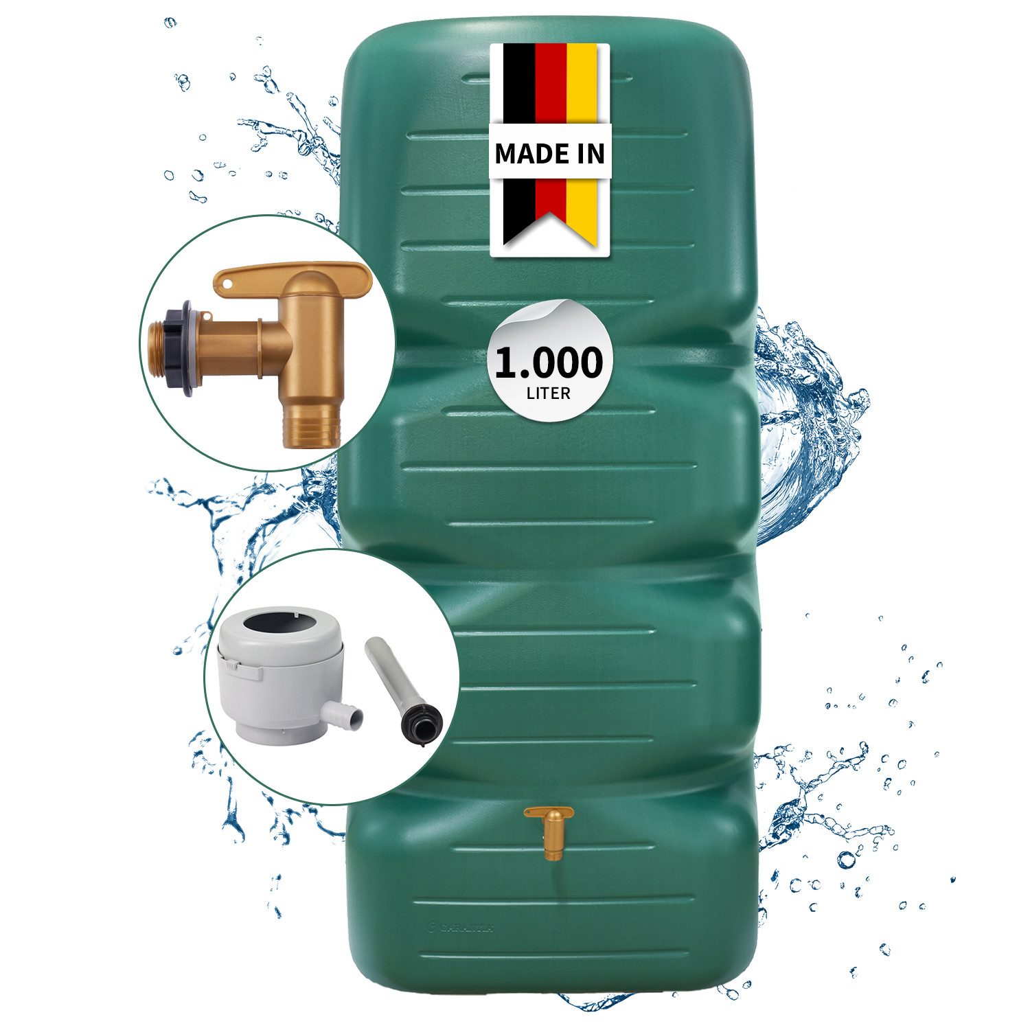 GARANTIA Regentonne CUBUS Gartentank Komplett-Set 1000 L, dunkelgrün